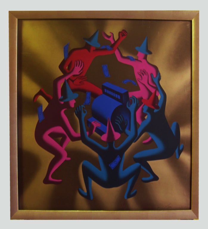 This limited edition serigraph is by the important American artist, Mark Kostabi (b. 1960), who became a leading figure in New York's East Village art scene during the mid-1980s along with other luminaries like Keith Herring. Kostabi's work is in