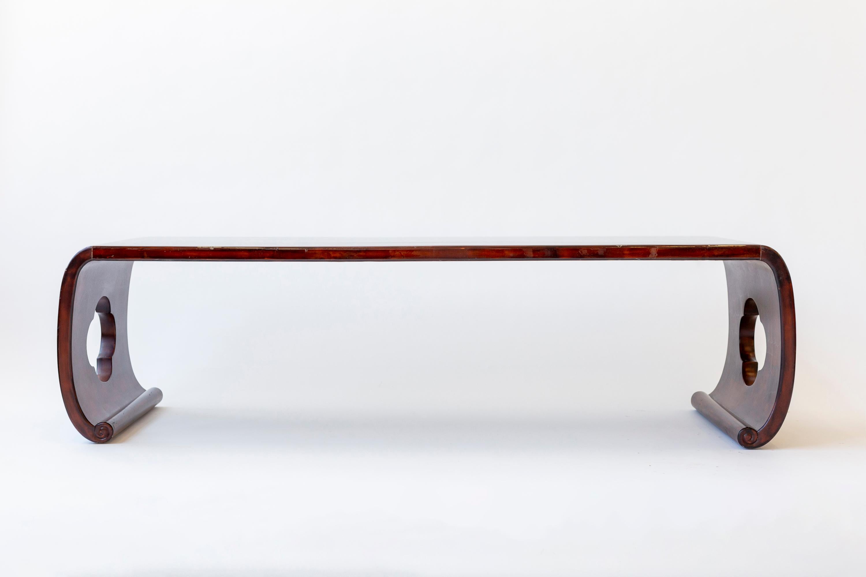 American Cashew Lacquer Waterfall Table Made by Gracie, with Antique Chinese Top For Sale