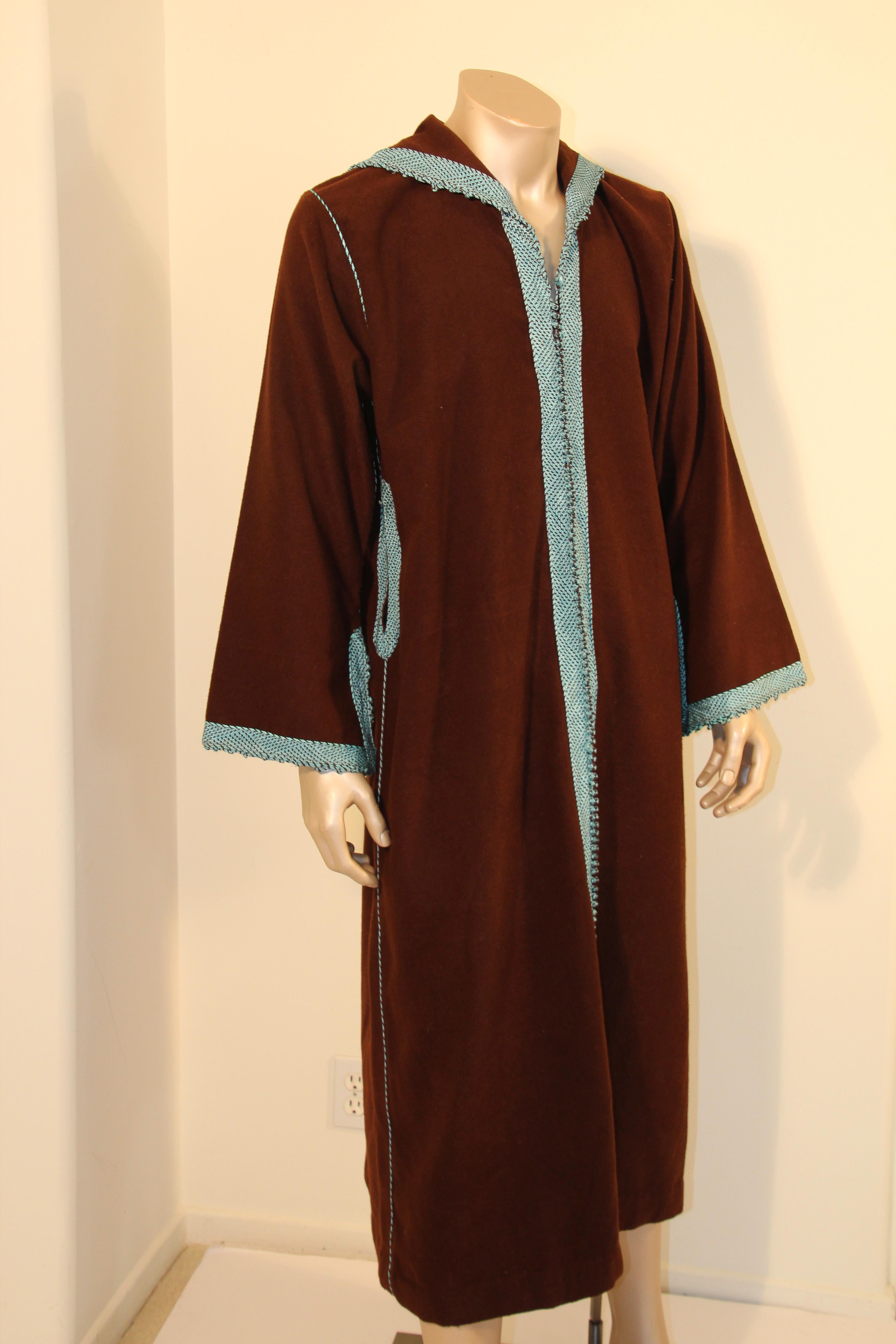 Moroccan Cashmere Brown and Turquoise Caftan 1980s Robe For Sale