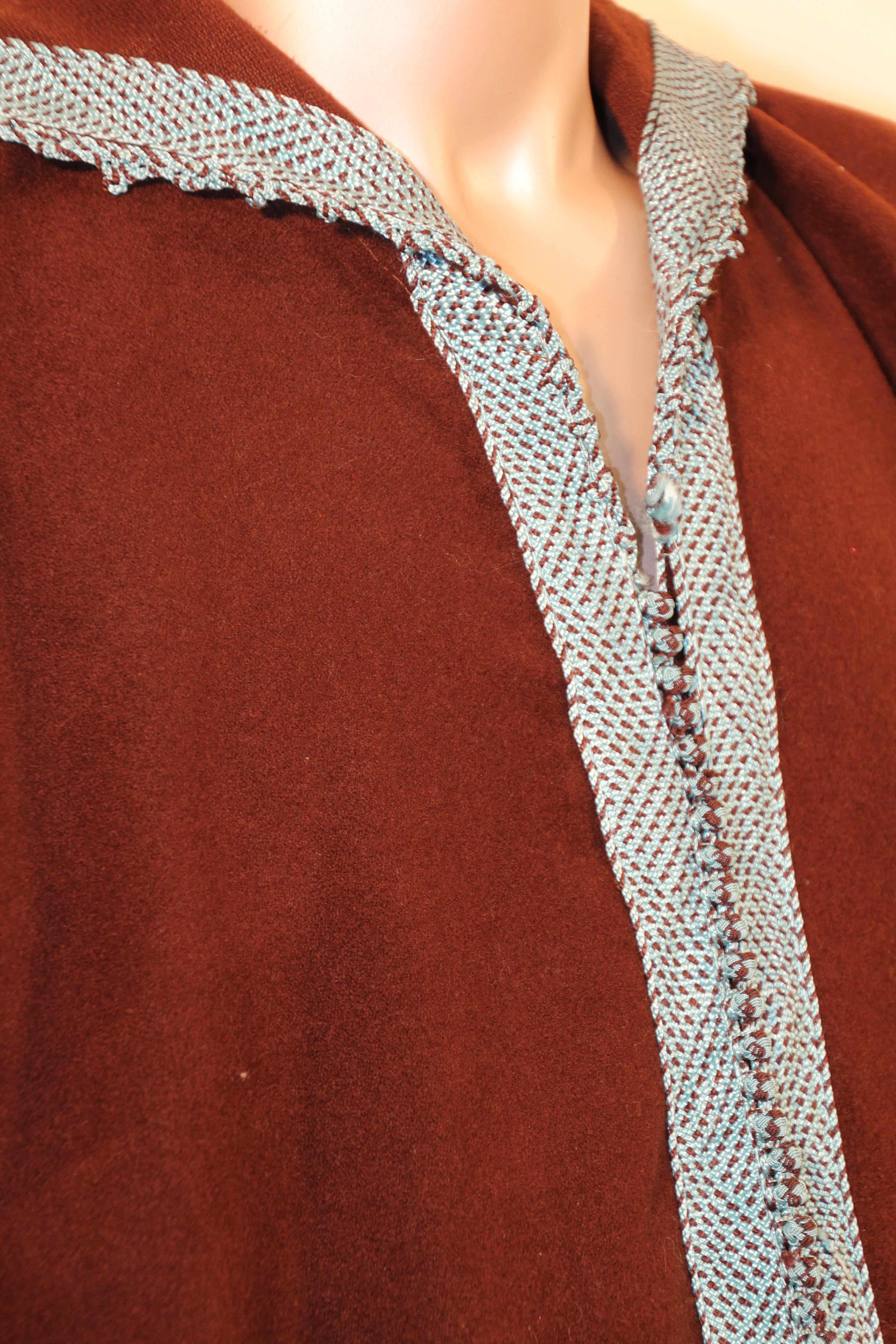 Robe Caftan 1980 en cachemire, marron et turquoise en vente 1