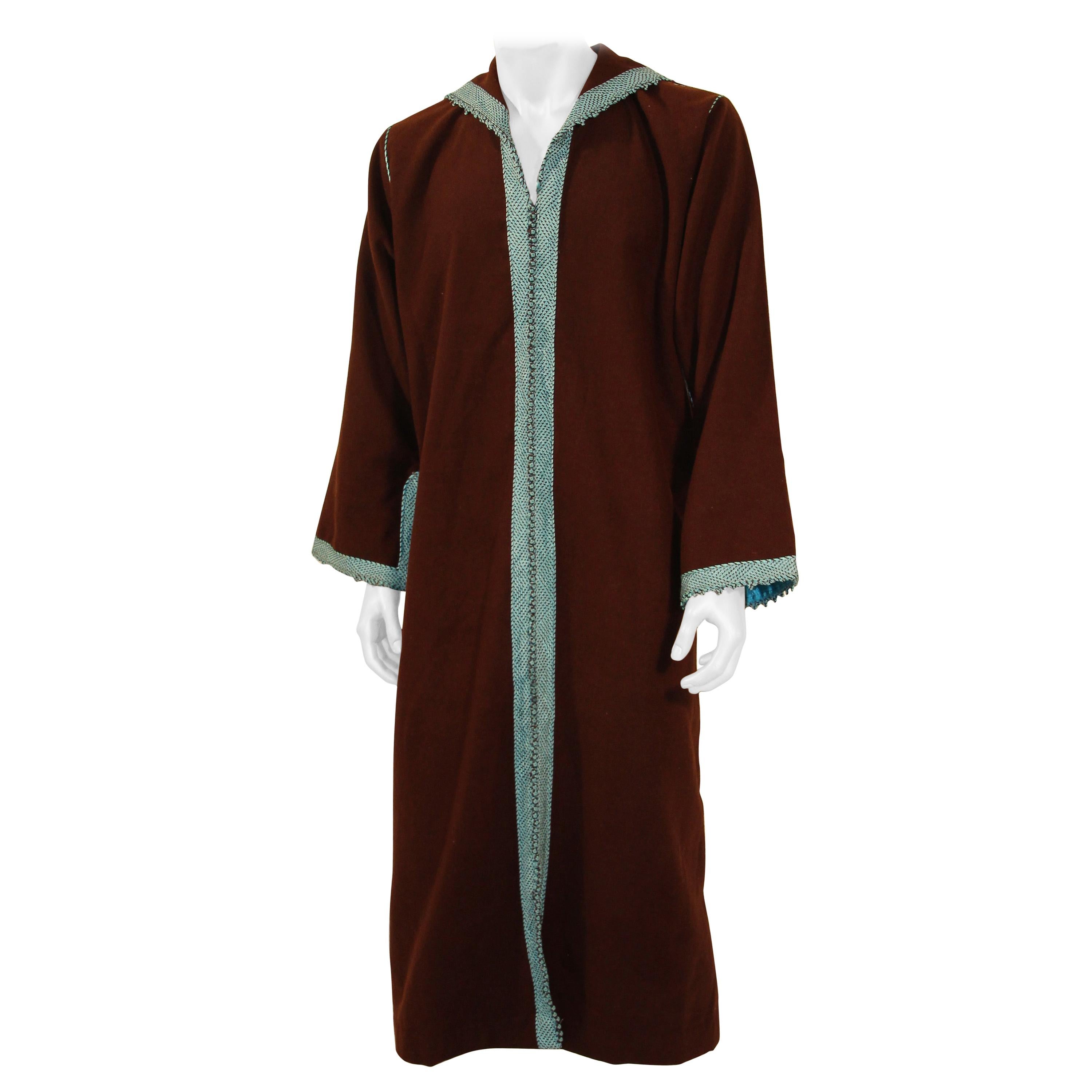 Cashmere Brown and Turquoise Caftan 1980s Robe For Sale