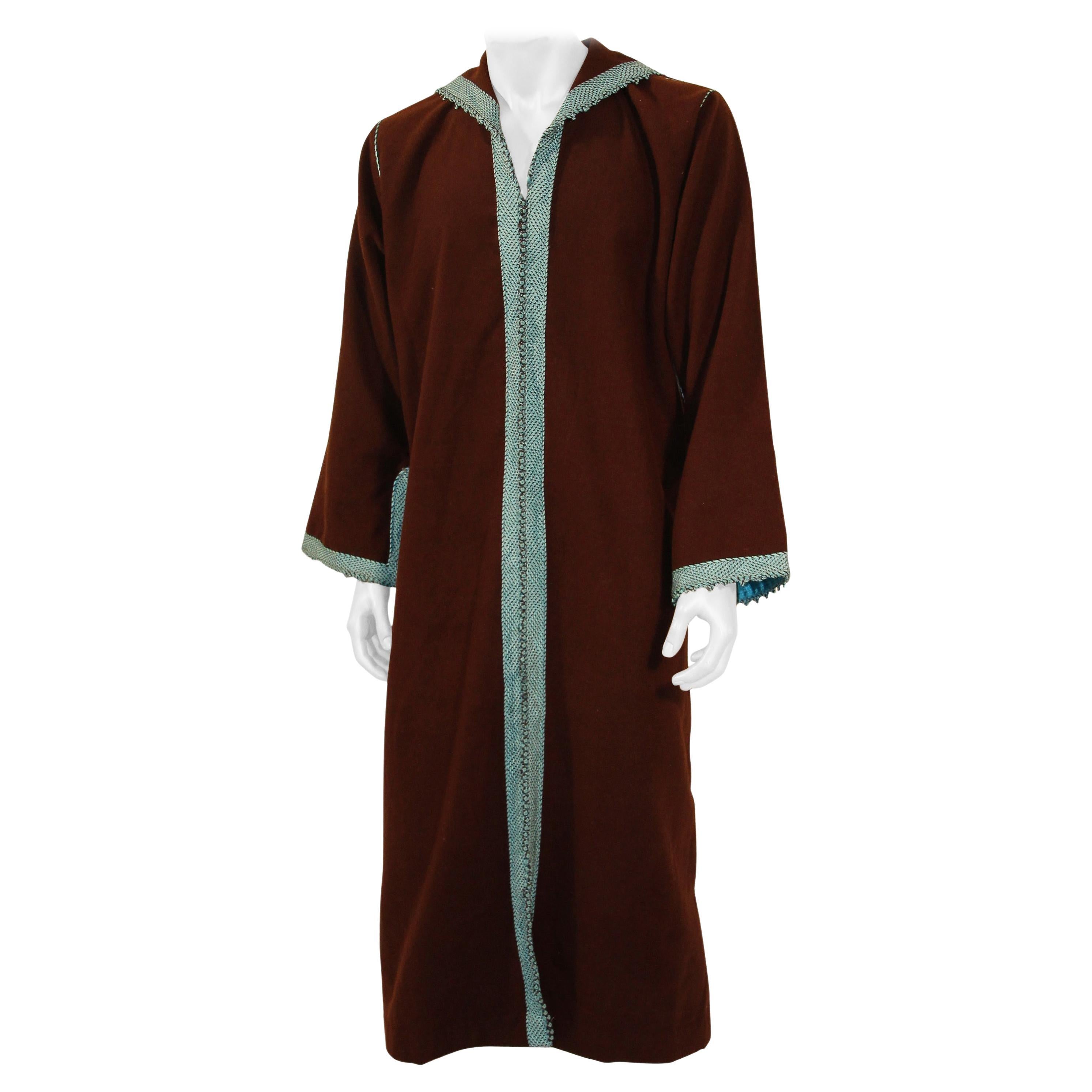 Robe Caftan 1980 en cachemire, marron et turquoise