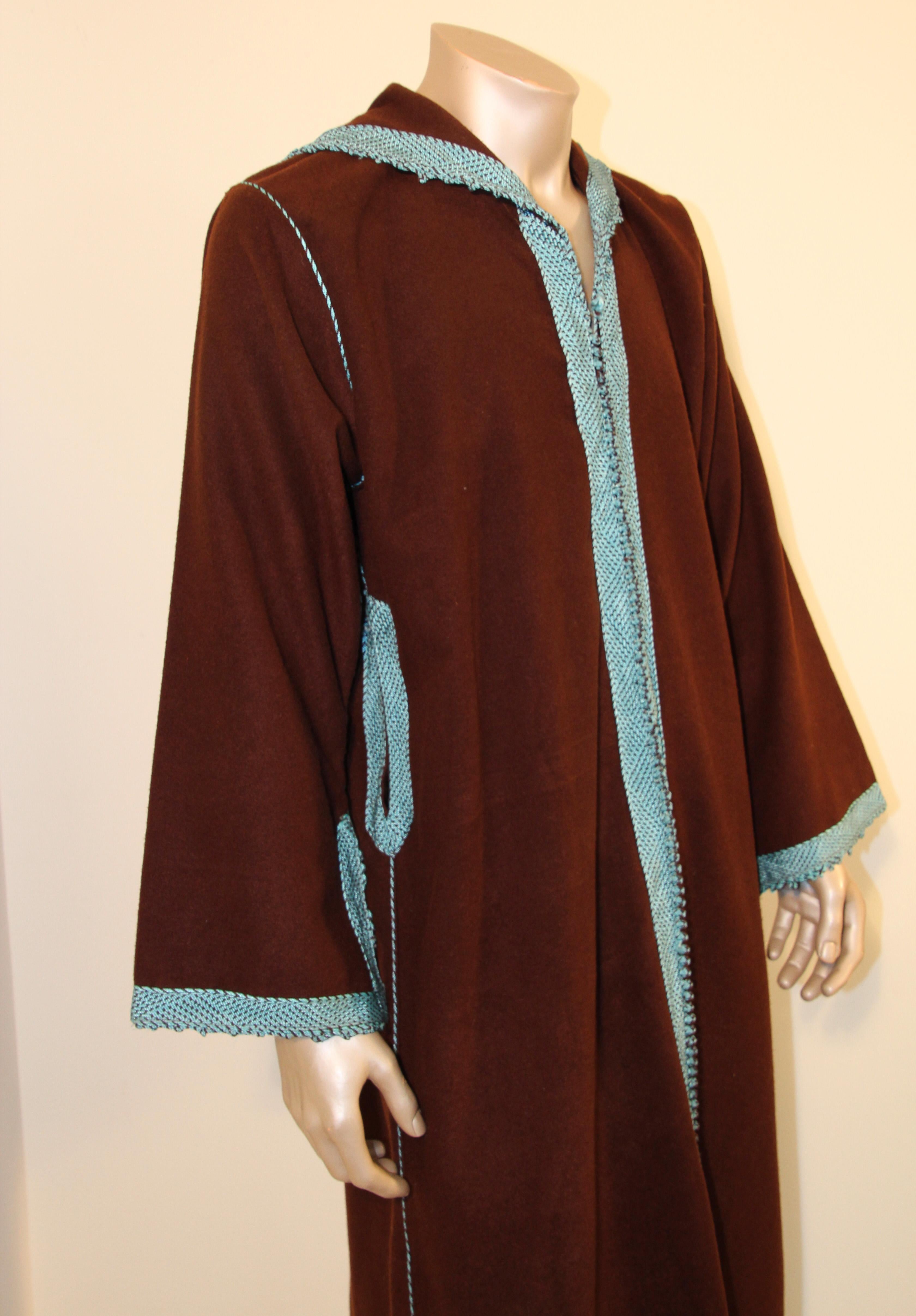Cashmere Brown and Turquoise Moroccan Caftan Coat 1980s In Good Condition For Sale In North Hollywood, CA