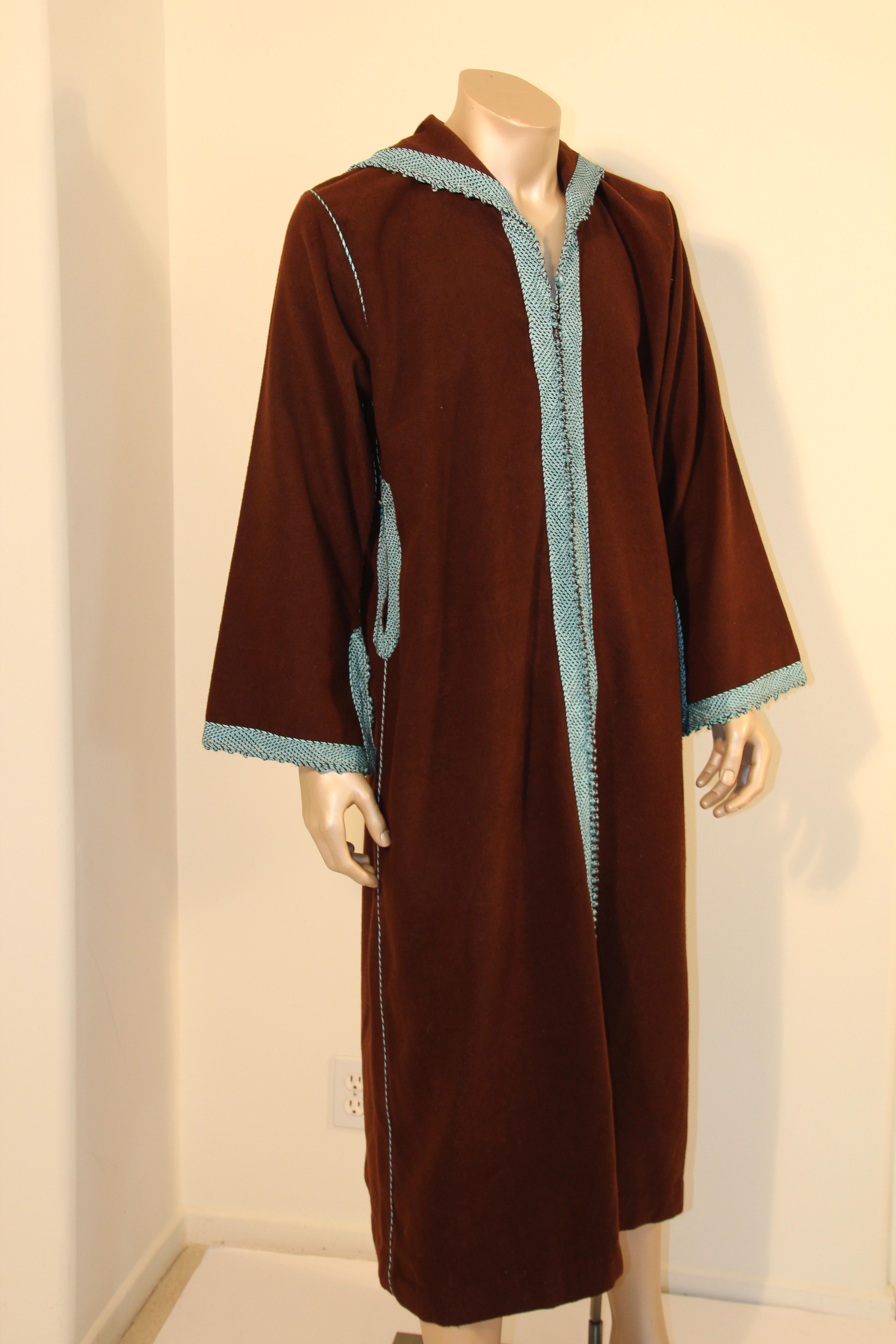 Women's Cashmere Brown and Turquoise Moroccan Caftan Coat 1980s For Sale