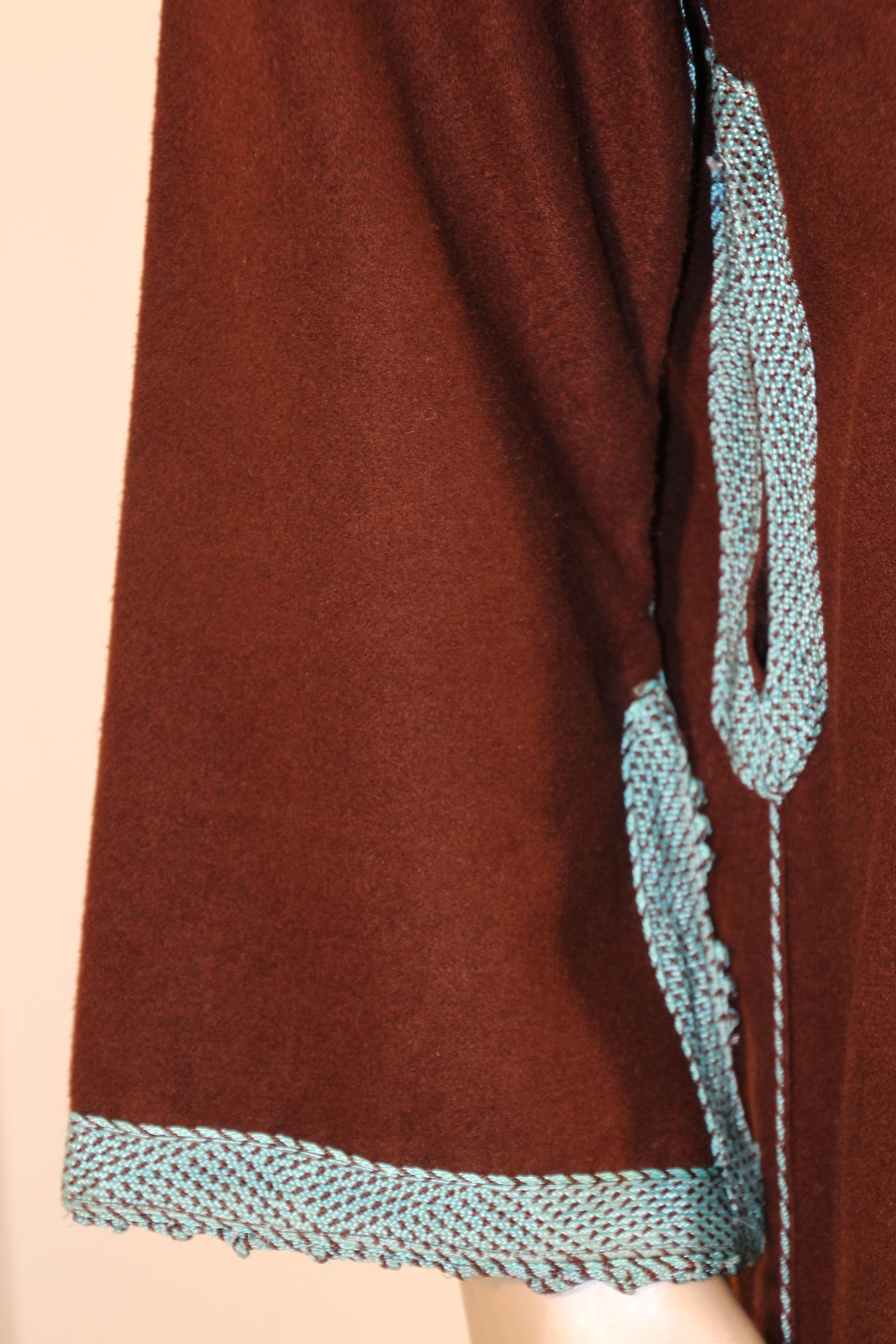 Cashmere Brown and Turquoise Moroccan Caftan Coat 1980s For Sale 2