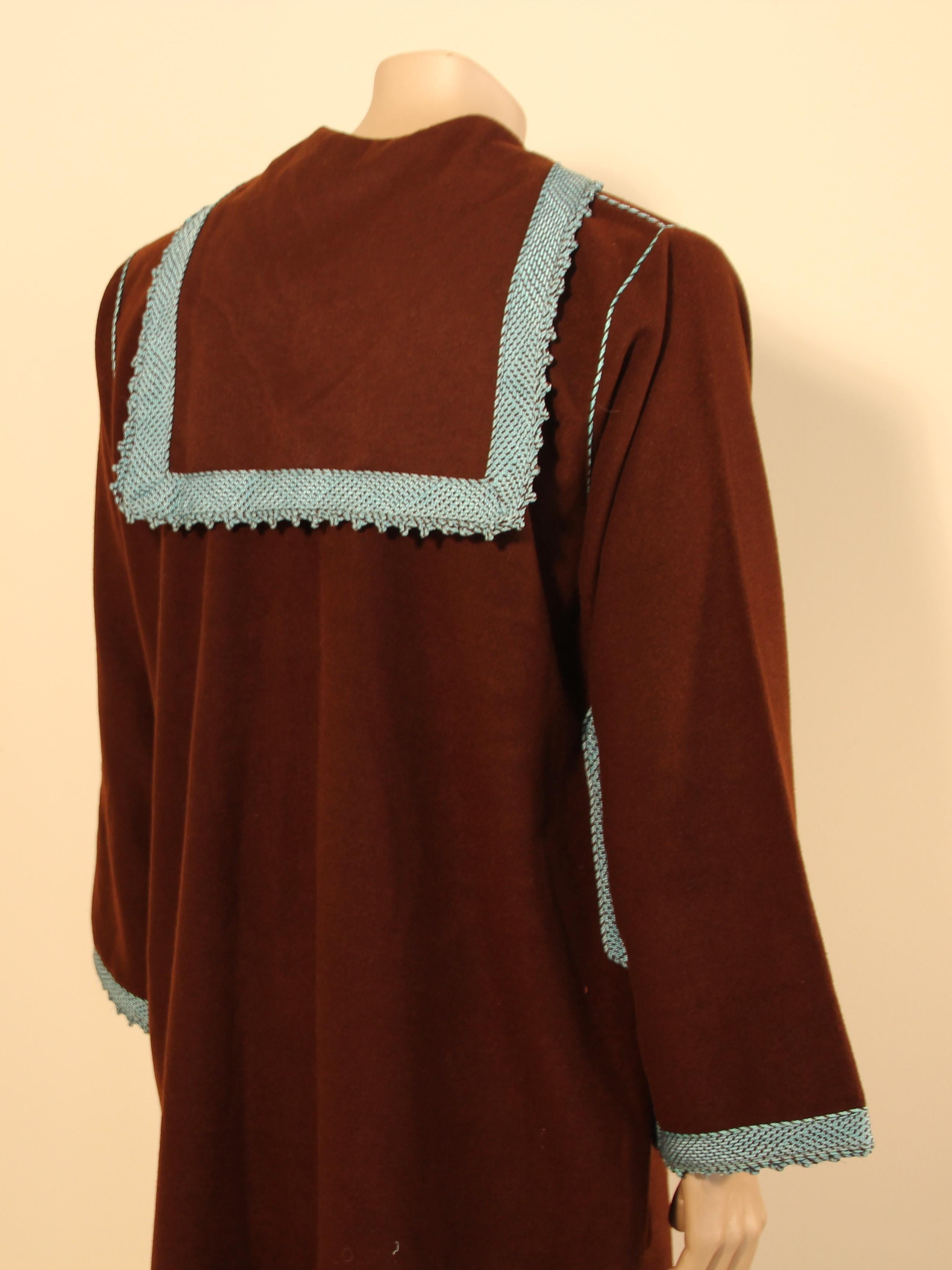 Cashmere Brown and Turquoise Moroccan Caftan Coat 1980s For Sale 3