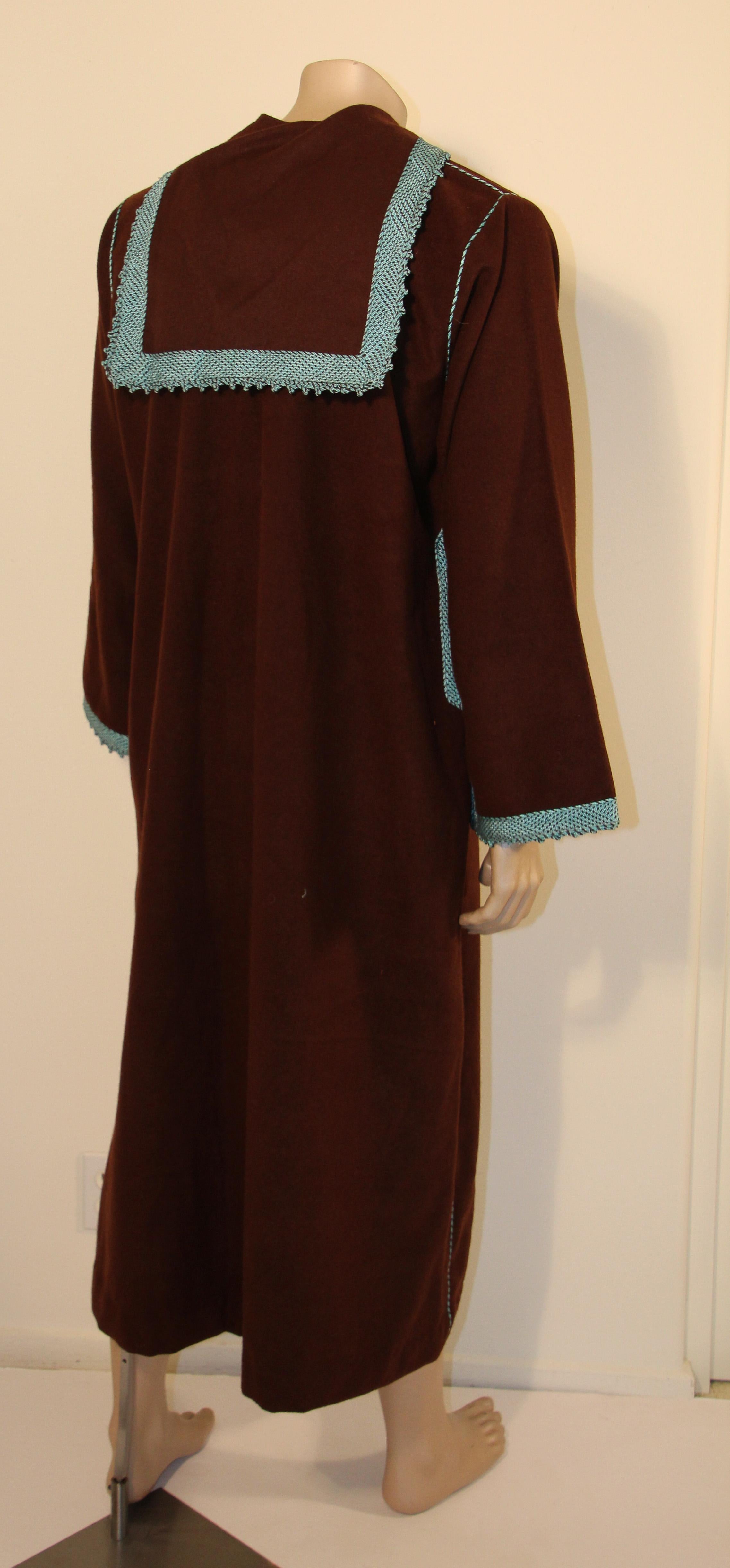 Cashmere Brown and Turquoise Moroccan Caftan Coat 1980s For Sale 4