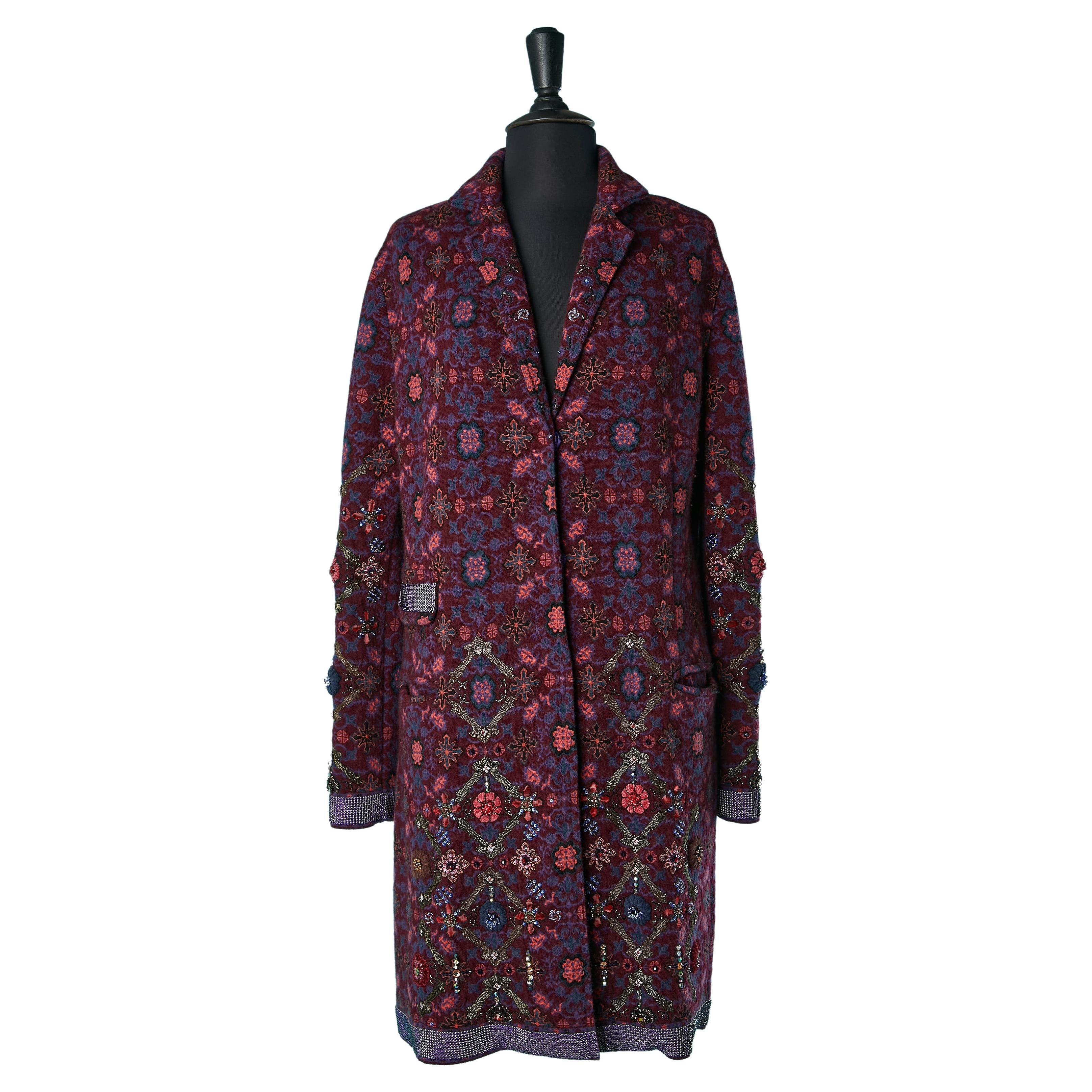 Cashmere jacquard coat with embroideries and beadwork FWS Fiona  For Sale