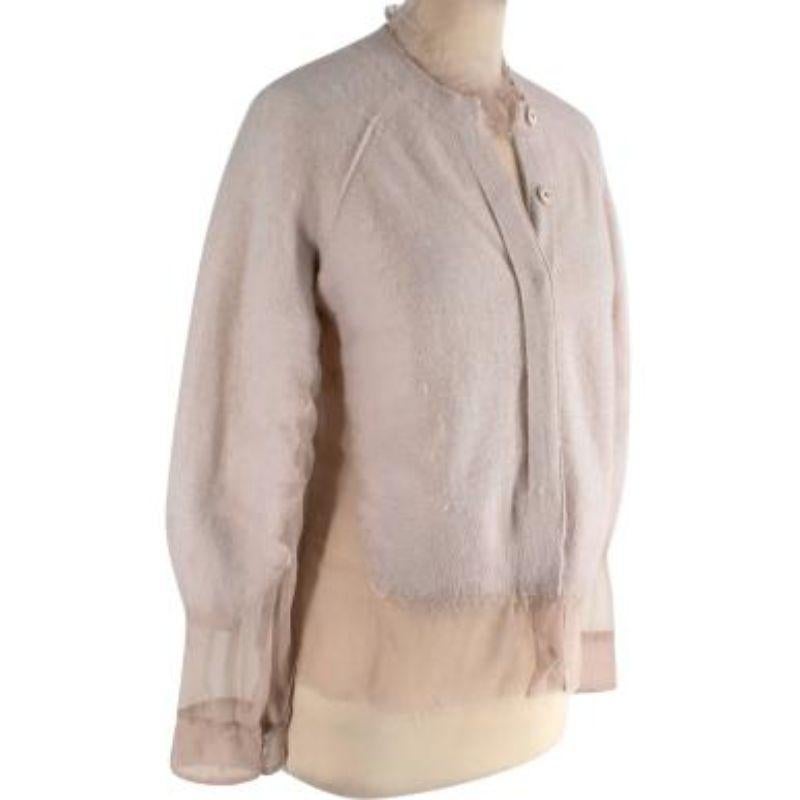 Maison Margiela Cashmere & Silk Cardigan
 
 - Soft, fine-knit cashmere and sheer silk crepe
 - Ribbed round neck, accented with raw-edged silk 
 - Button fastening 
 - Felted sides and sleeves, fading into silk crepe
 
 Materials:
  Knit
 100%