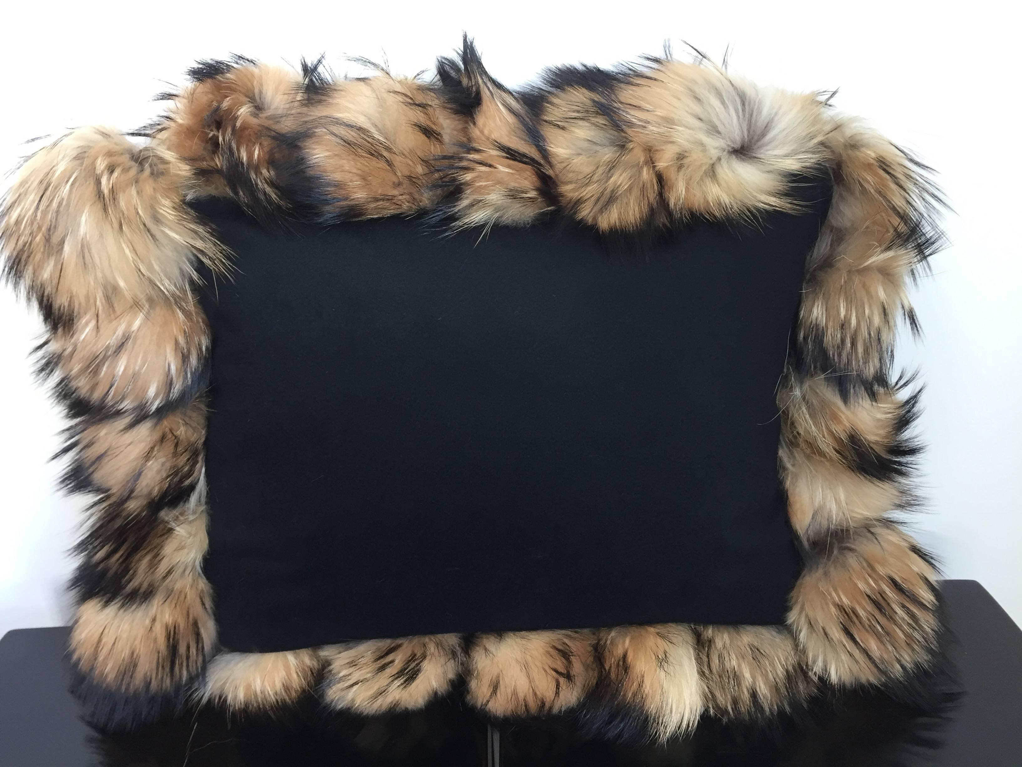 German Cashmere Wool Cushions Colour Black with Fur Trim Raccoon For Sale