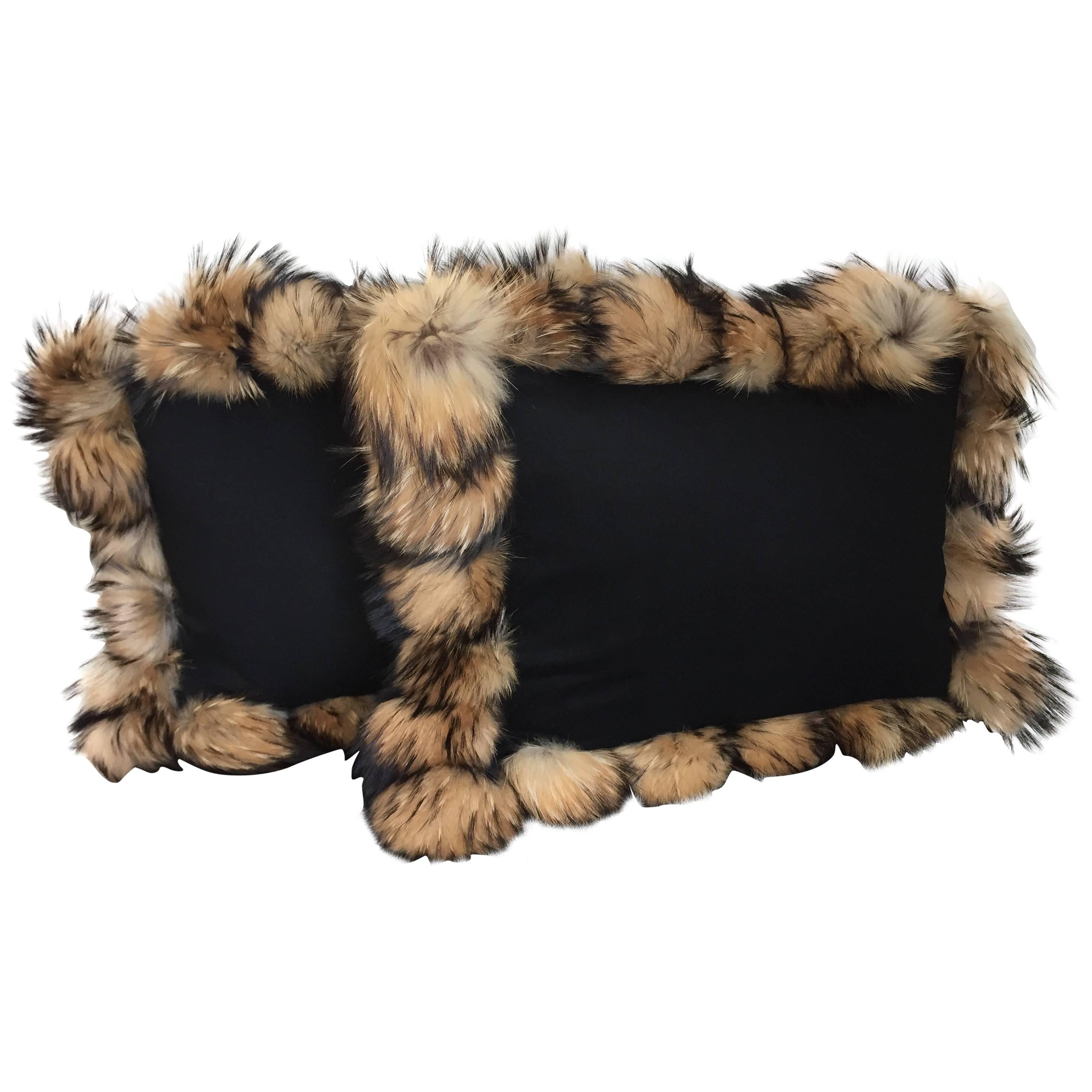 Cashmere Wool Cushions Colour Black with Fur Trim Raccoon For Sale