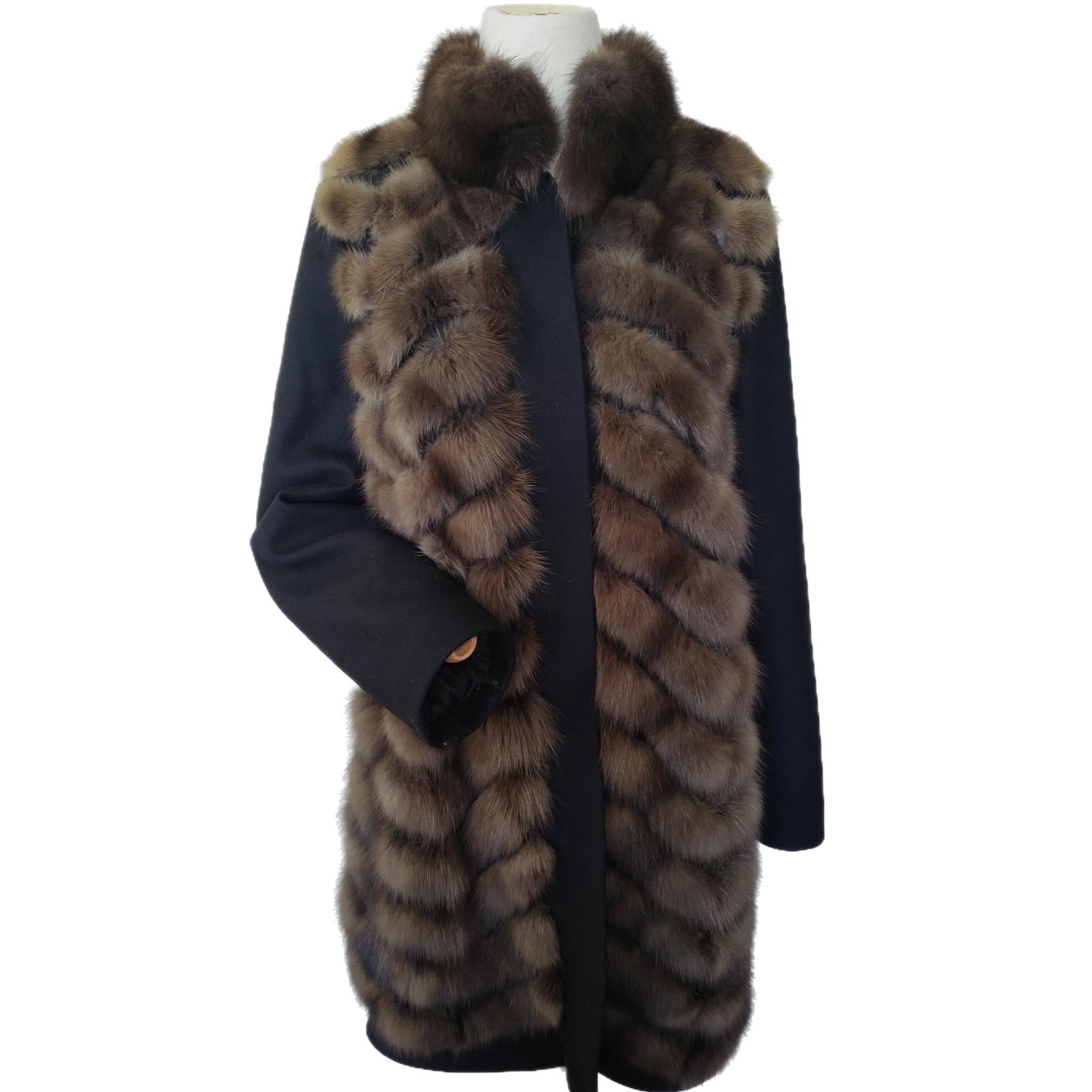 Black Cashmere wool Loro Piana Coat with Russian Sable fur Gulliana Tesso Italy For Sale