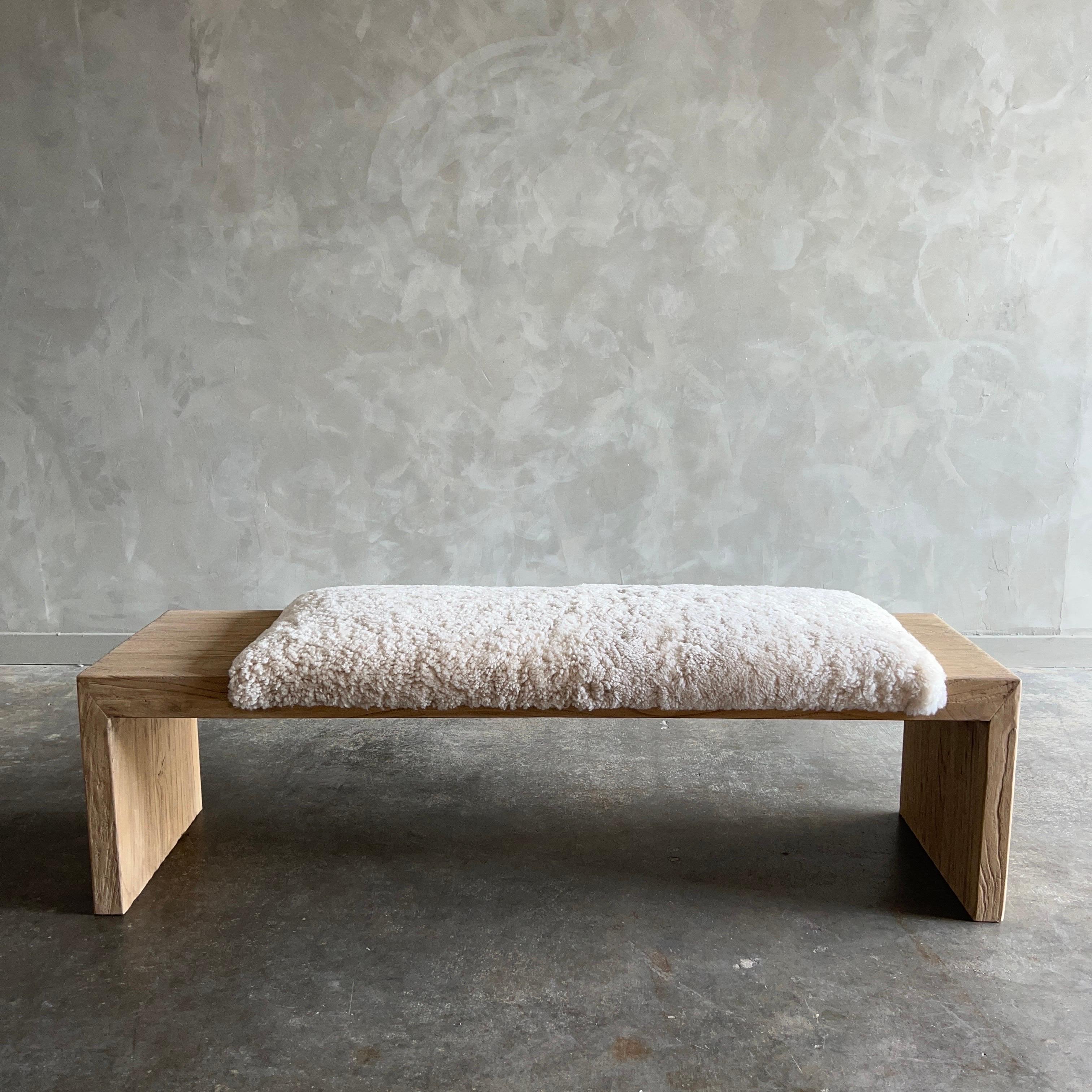 Hand-Crafted Casi Norwegian Sheep Upholstered Elm Bench Off Center For Sale