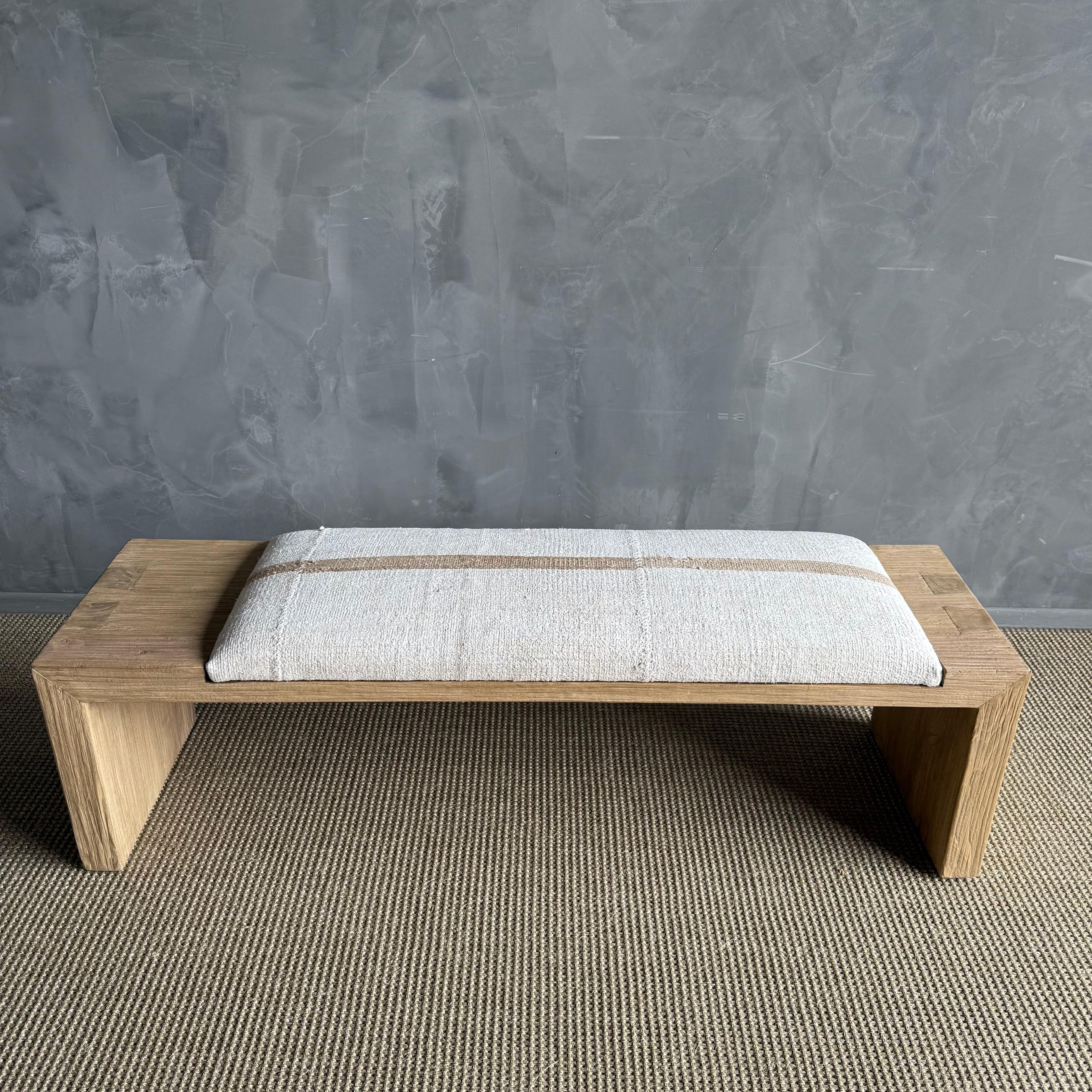 Organic Modern Casi Reclaimed Elm Wood Bench with Vintage Rug For Sale