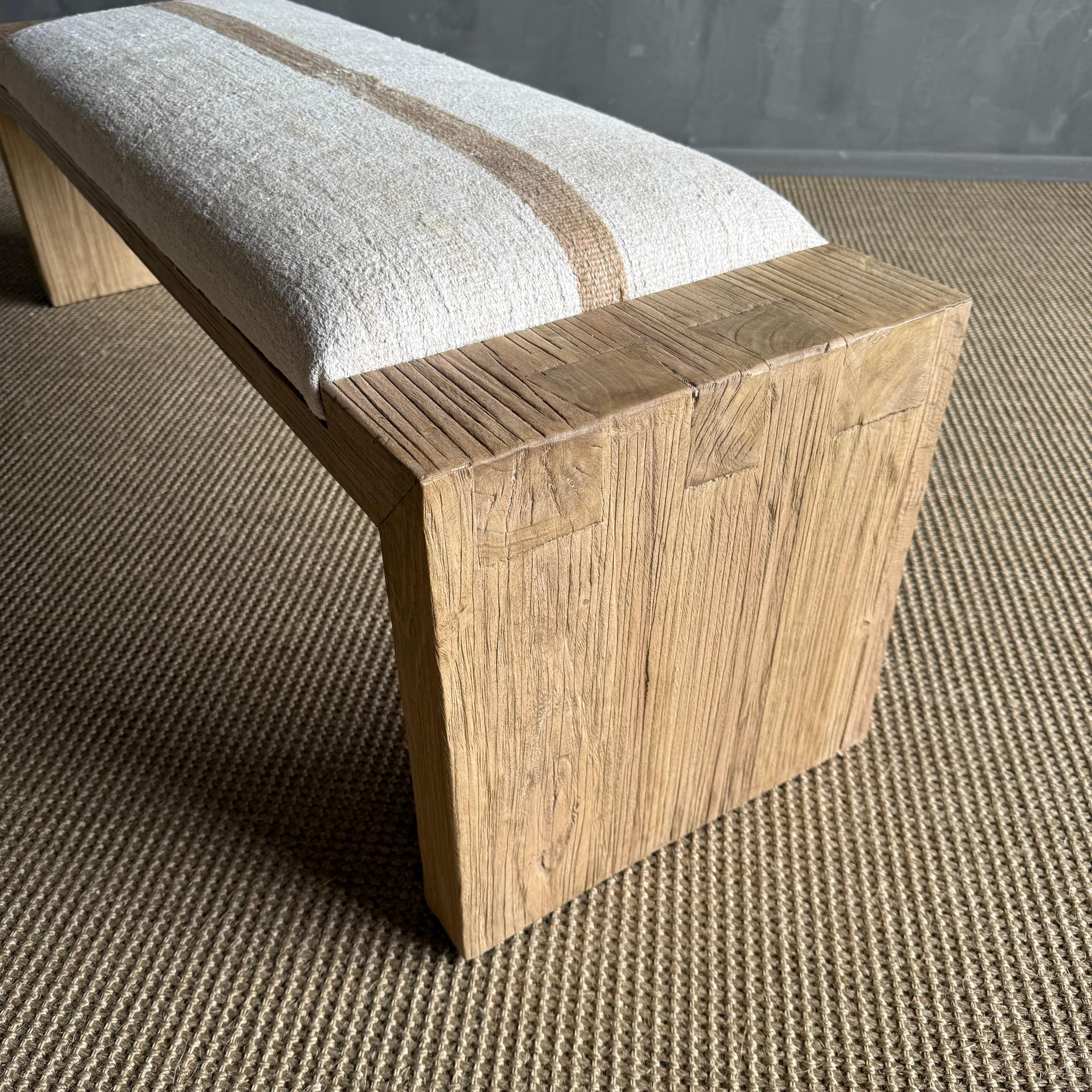 American Casi Reclaimed Elm Wood Bench with Vintage Rug For Sale