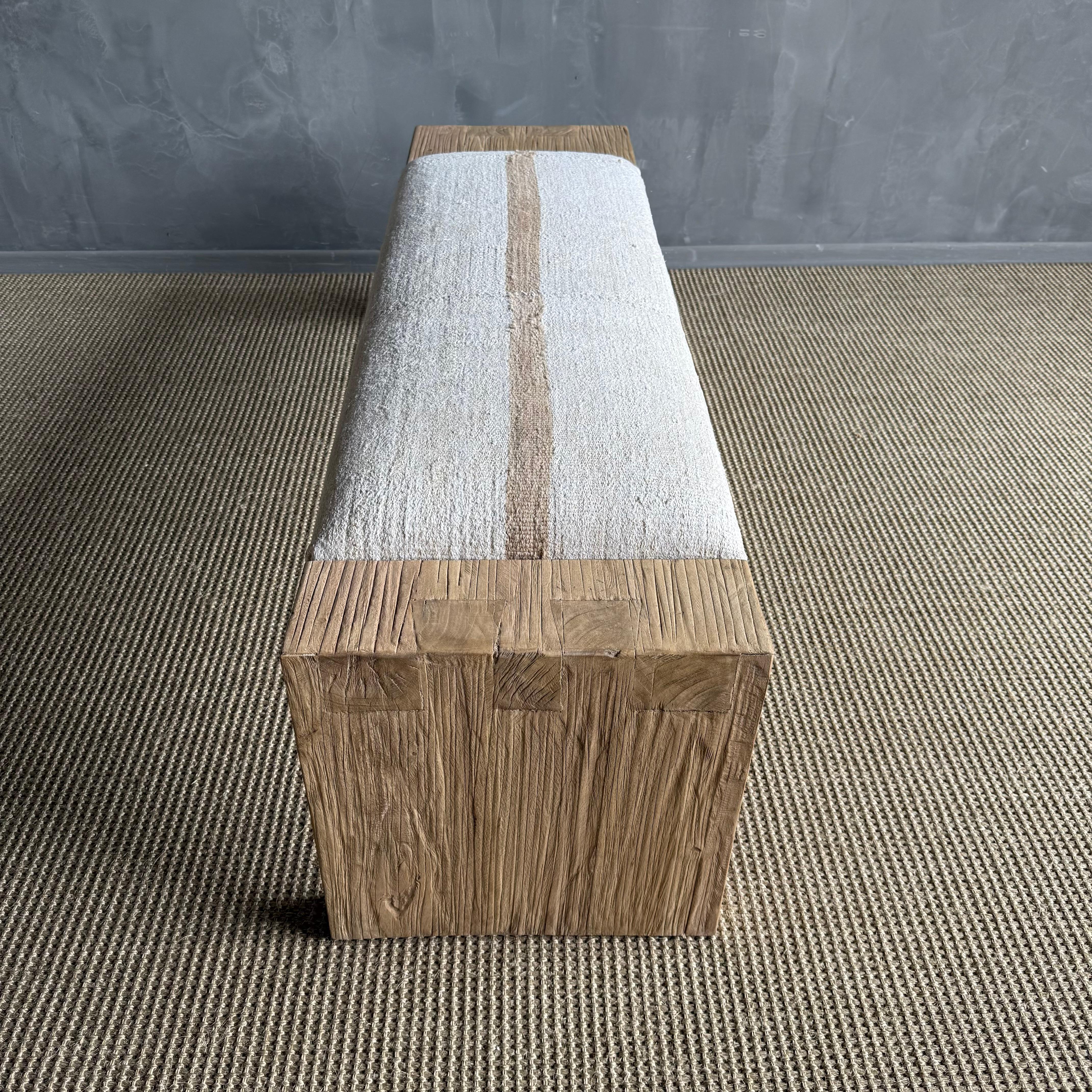 Casi Reclaimed Elm Wood Bench with Vintage Rug In New Condition For Sale In Old Town Orange, CA