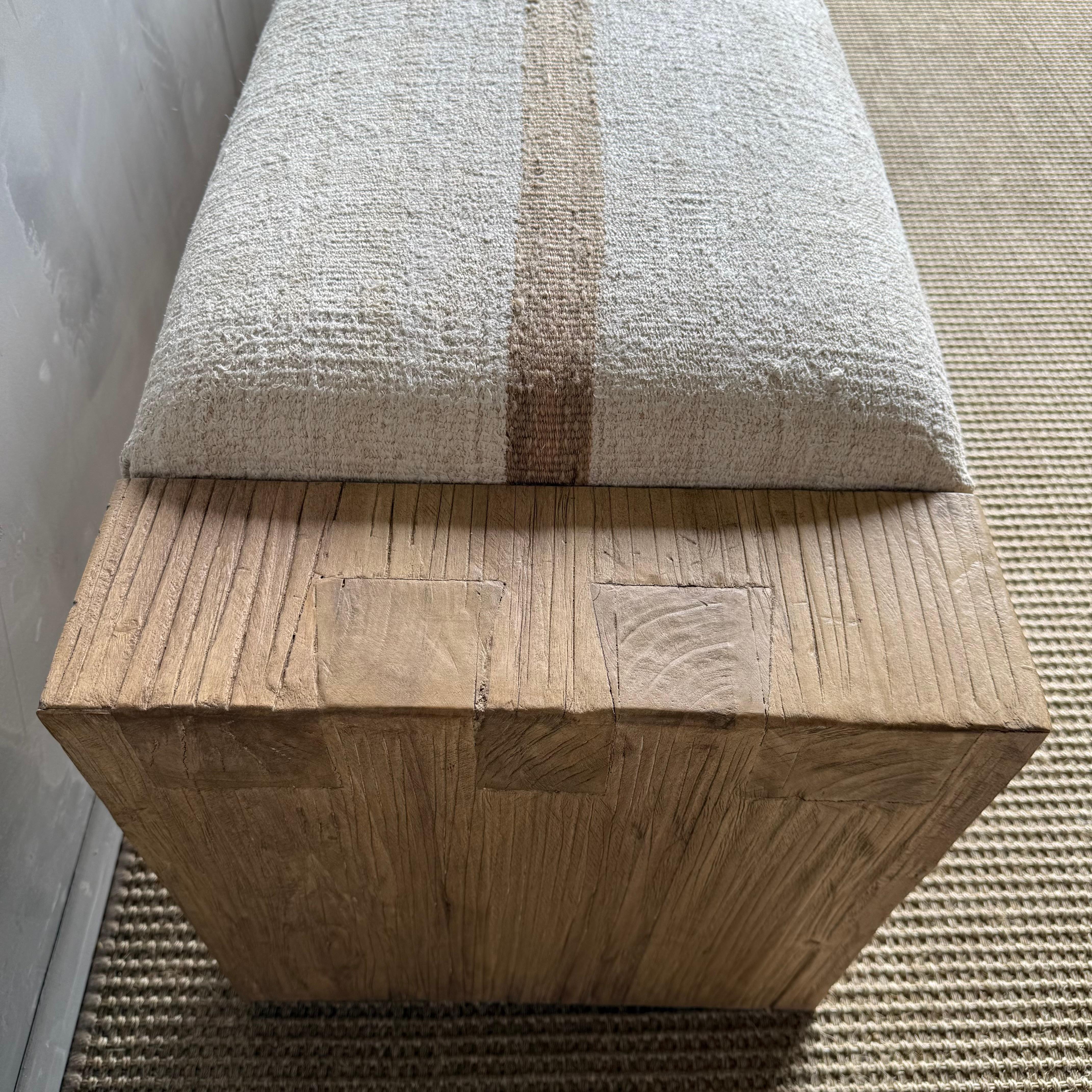 Casi Reclaimed Elm Wood Bench with Vintage Rug For Sale 1