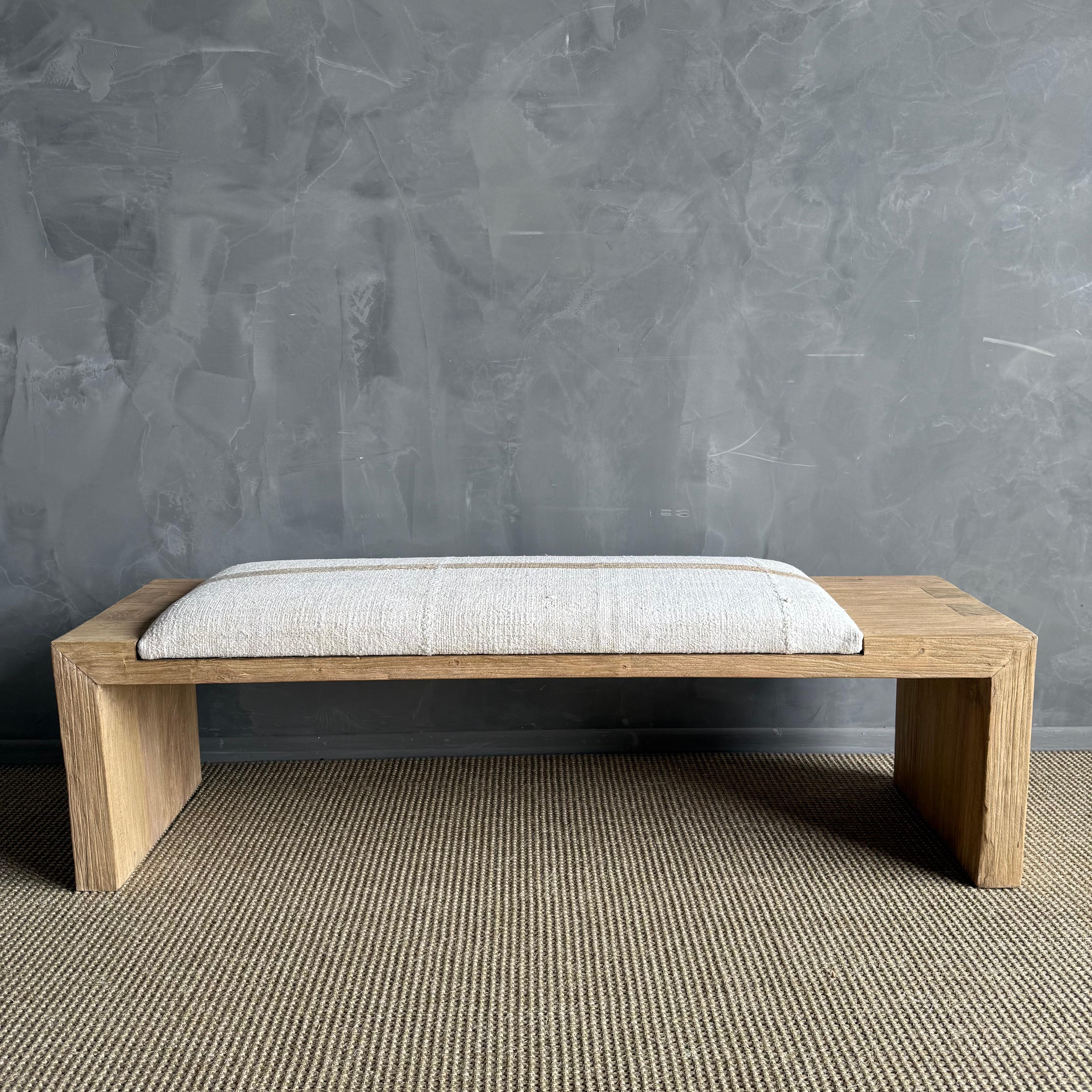 Casi Reclaimed Elm Wood Bench with Vintage Rug For Sale 2