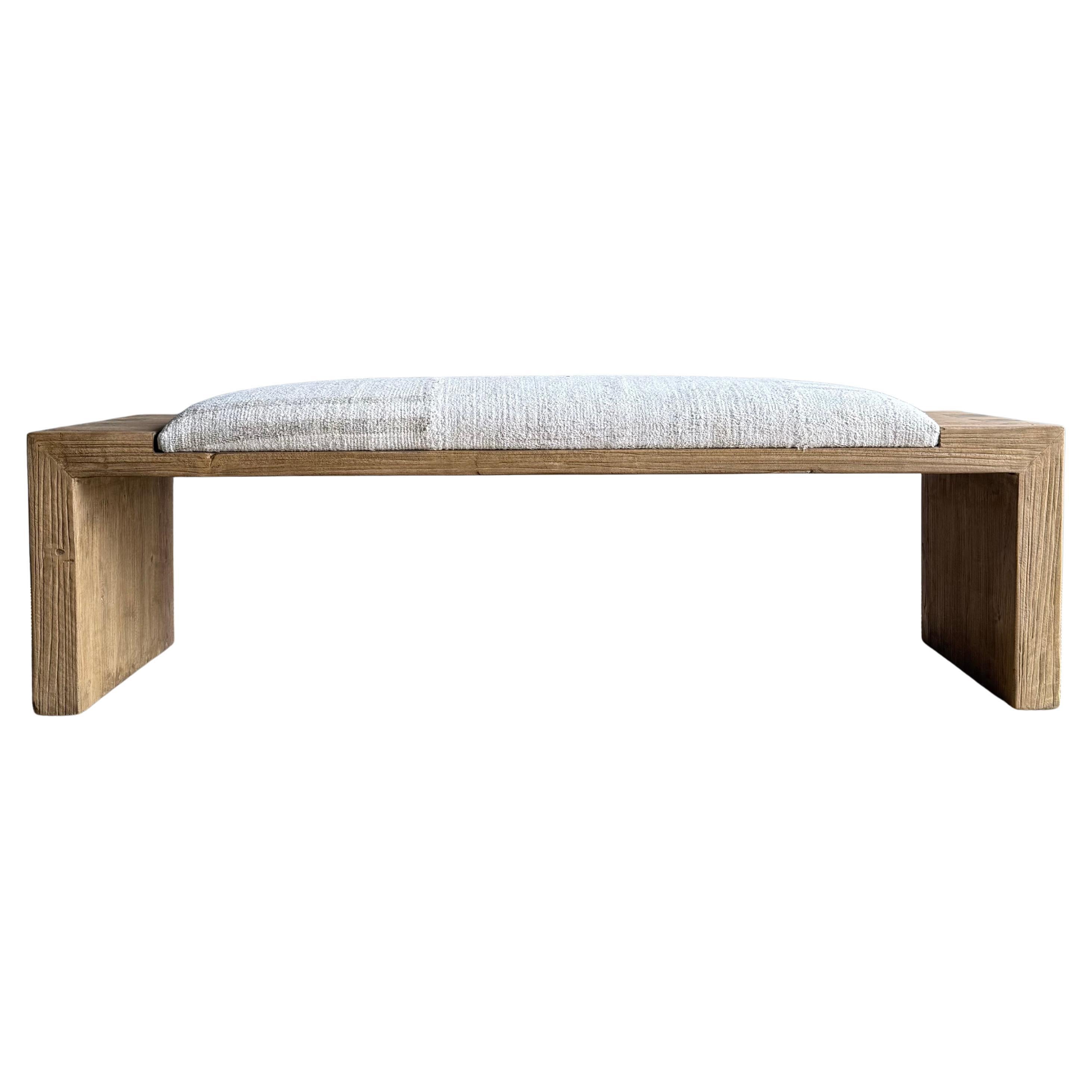 Casi Reclaimed Elm Wood Bench with Vintage Rug Upholstery by Bloom Home Inc