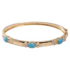 Casia Diamond Turquoise Hinged Bangle Bracelet in 14k Yellow Gold