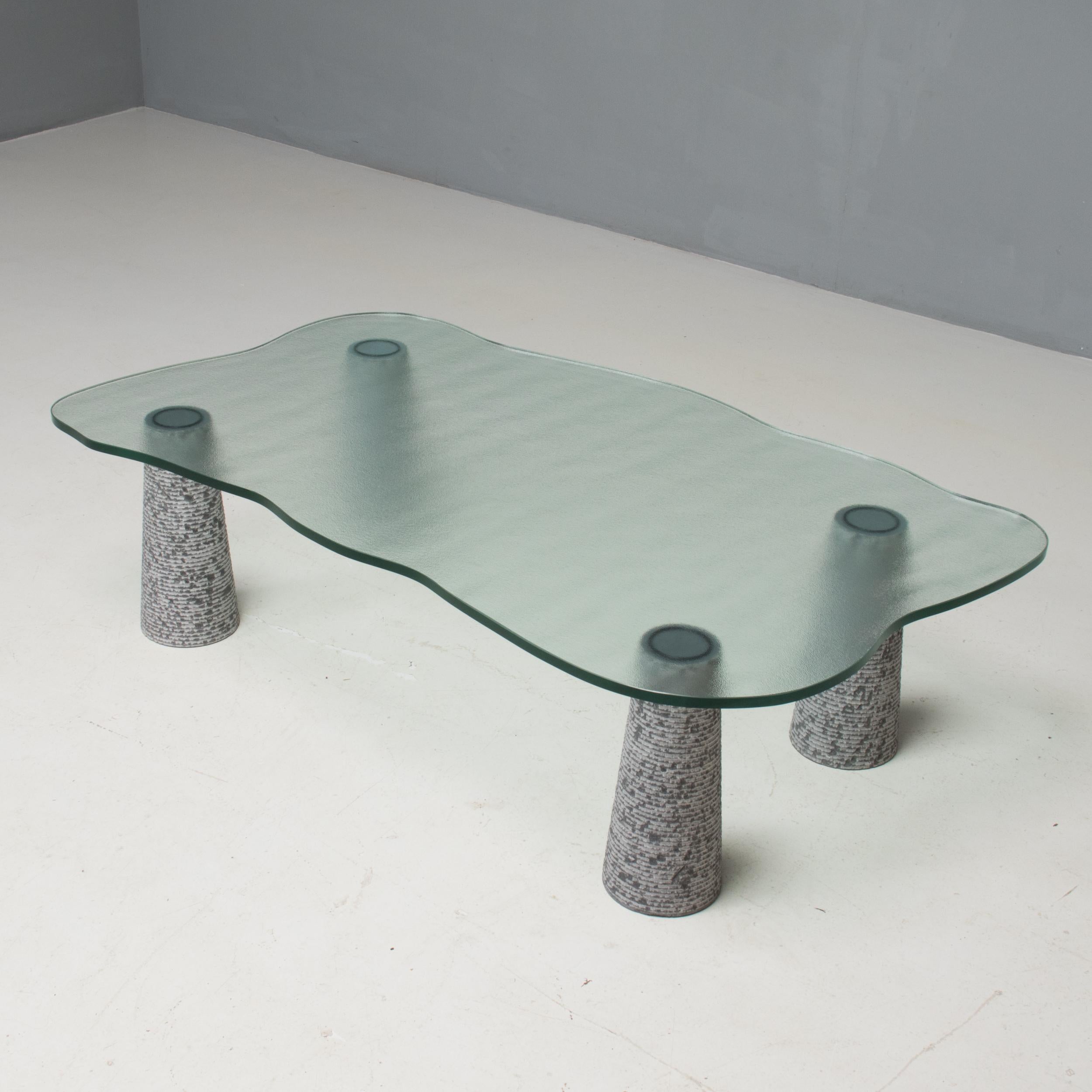 Late 20th Century Brutalist Italian Casigliani Grey Marble & Textured Glass Coffee Table, 1980s For Sale