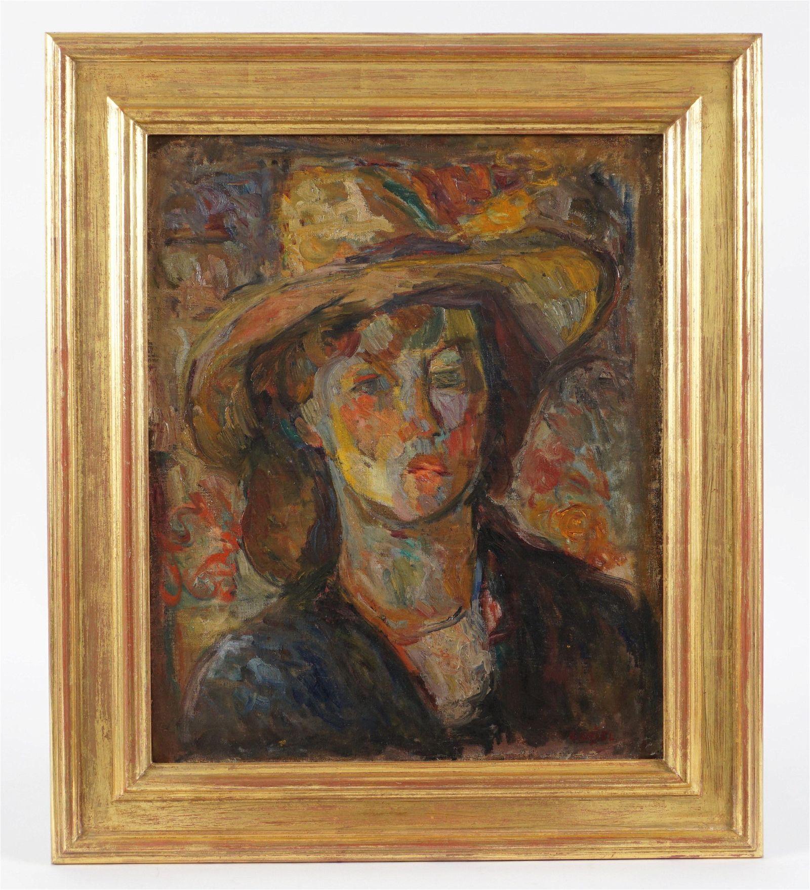 Casimir Caziel Portrait Painting - Woman in Hat (Impressionist Oil on Canvas)