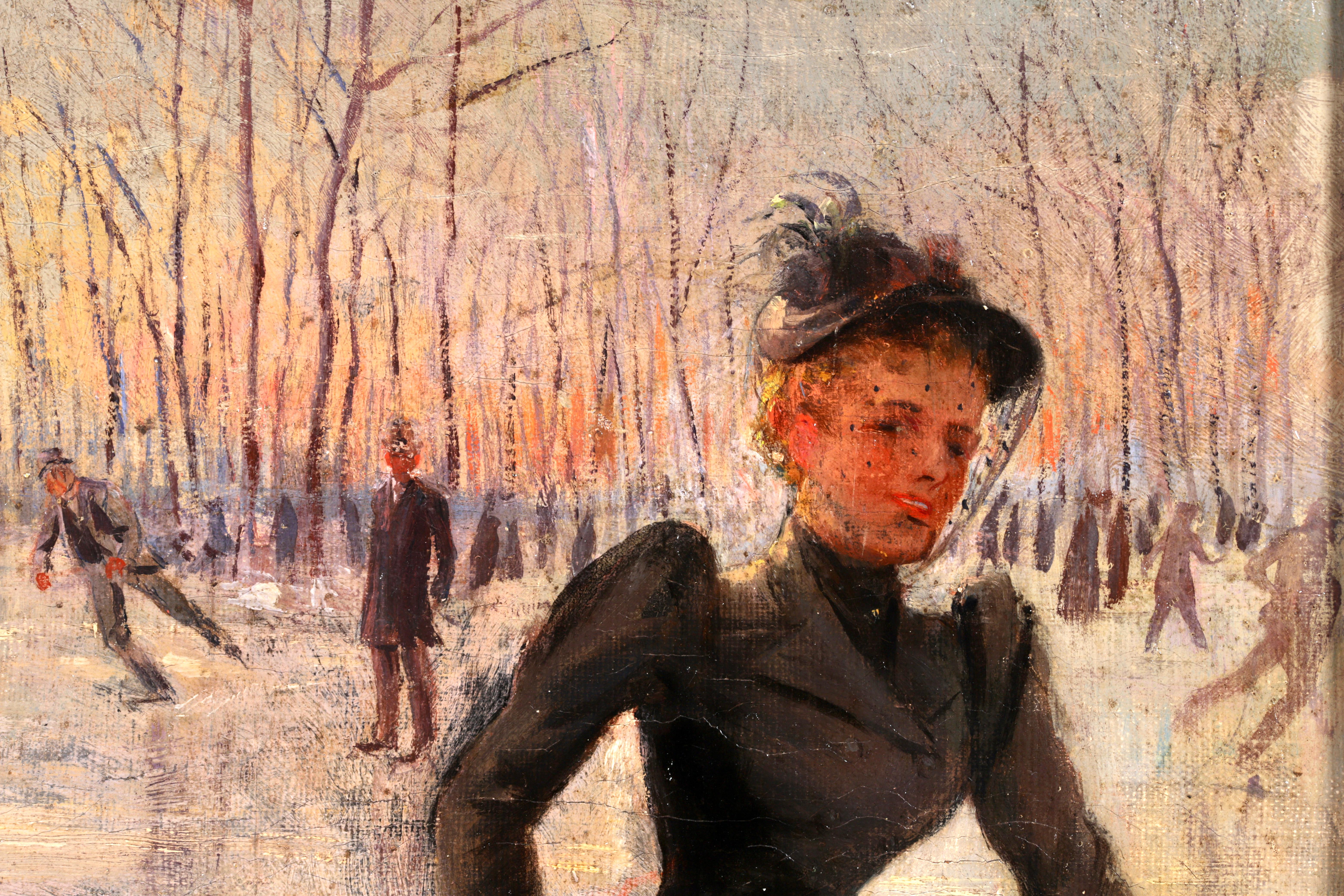 Signed and dedicated figurative impressionist oil on canvas circa 1890 by French painter Casimir Paul Pujol. This charming piece depicts a elegantly dressed woman in a burnt orange skirt and black jacket and fascinator and other figures ice skating