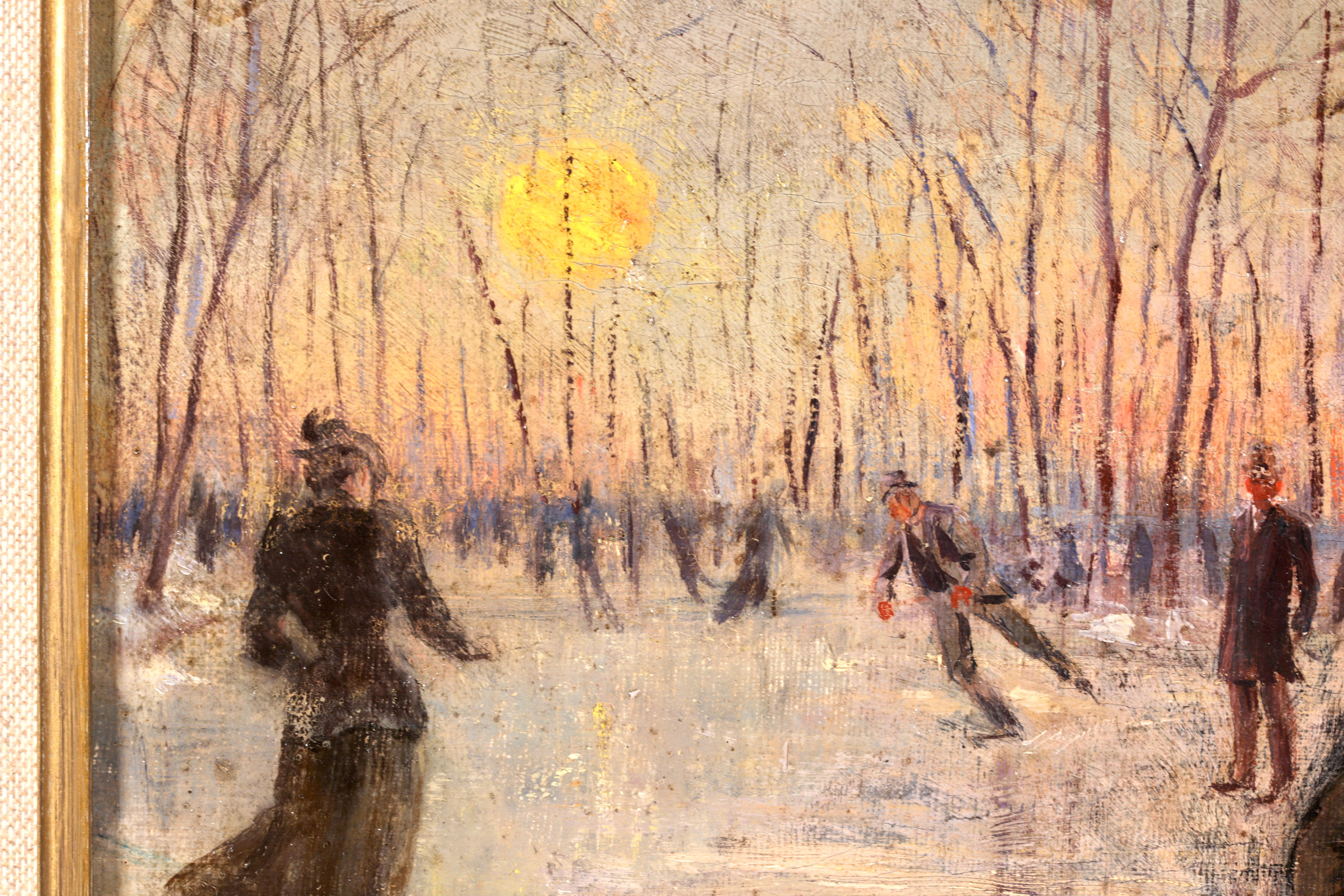Patineurs au coucher du soleil - Impressionist Figurative Oil by Paul Pujol 1