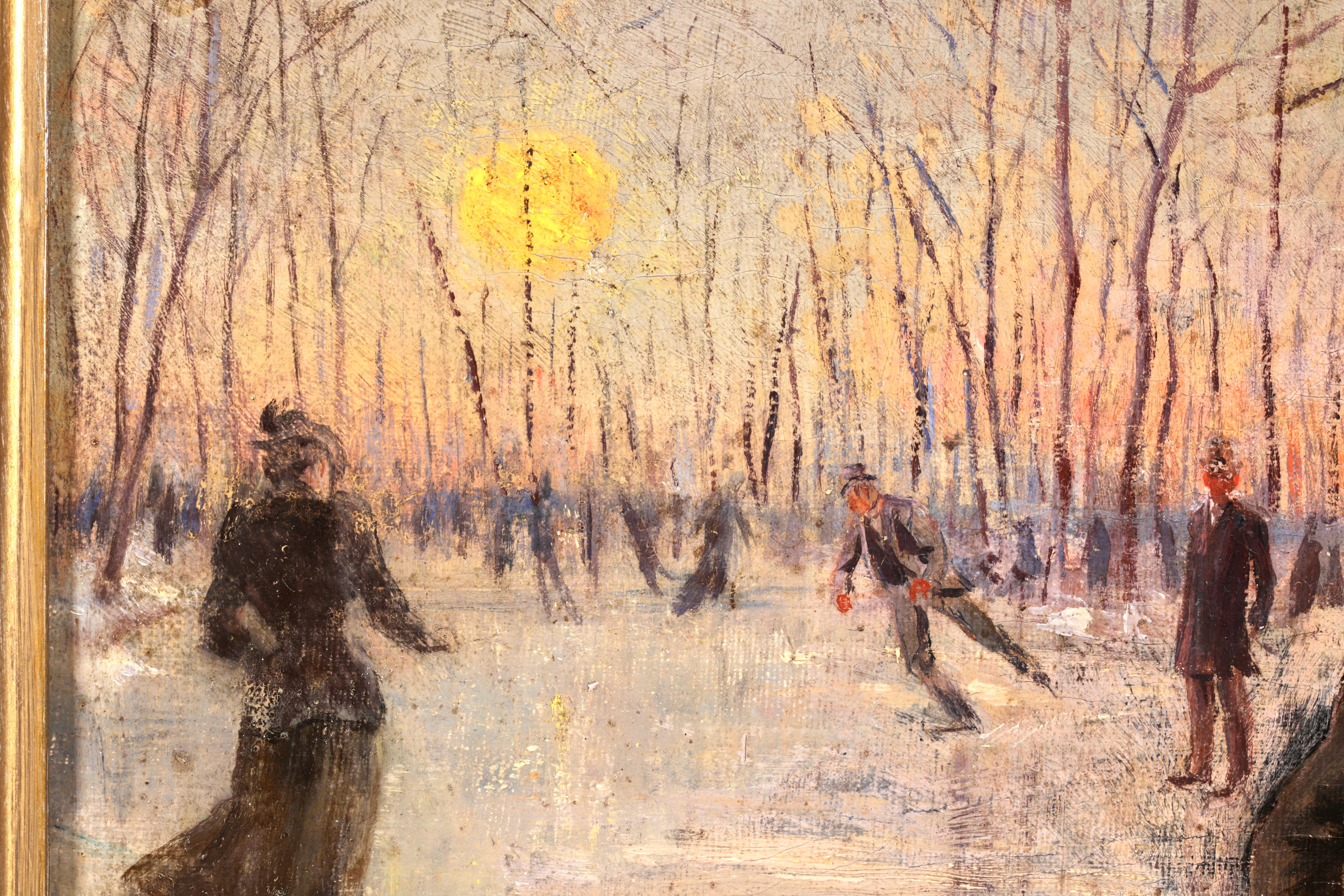 Patineurs au coucher du soleil - Impressionist Figurative Oil by Paul Pujol 2
