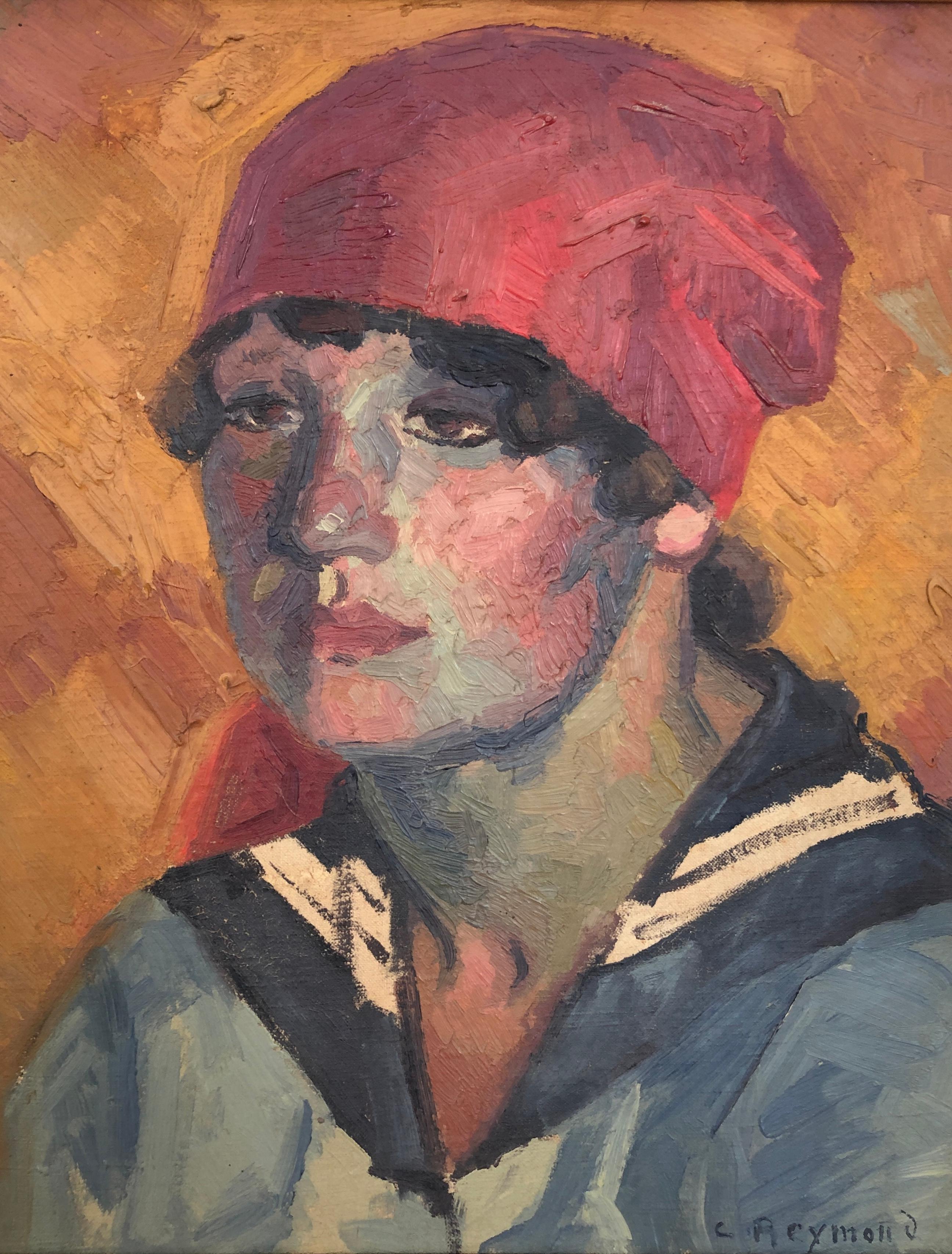 Casimir Reymond - Portrait of a young girl with a red scarf and sailor  collar For Sale at 1stDibs