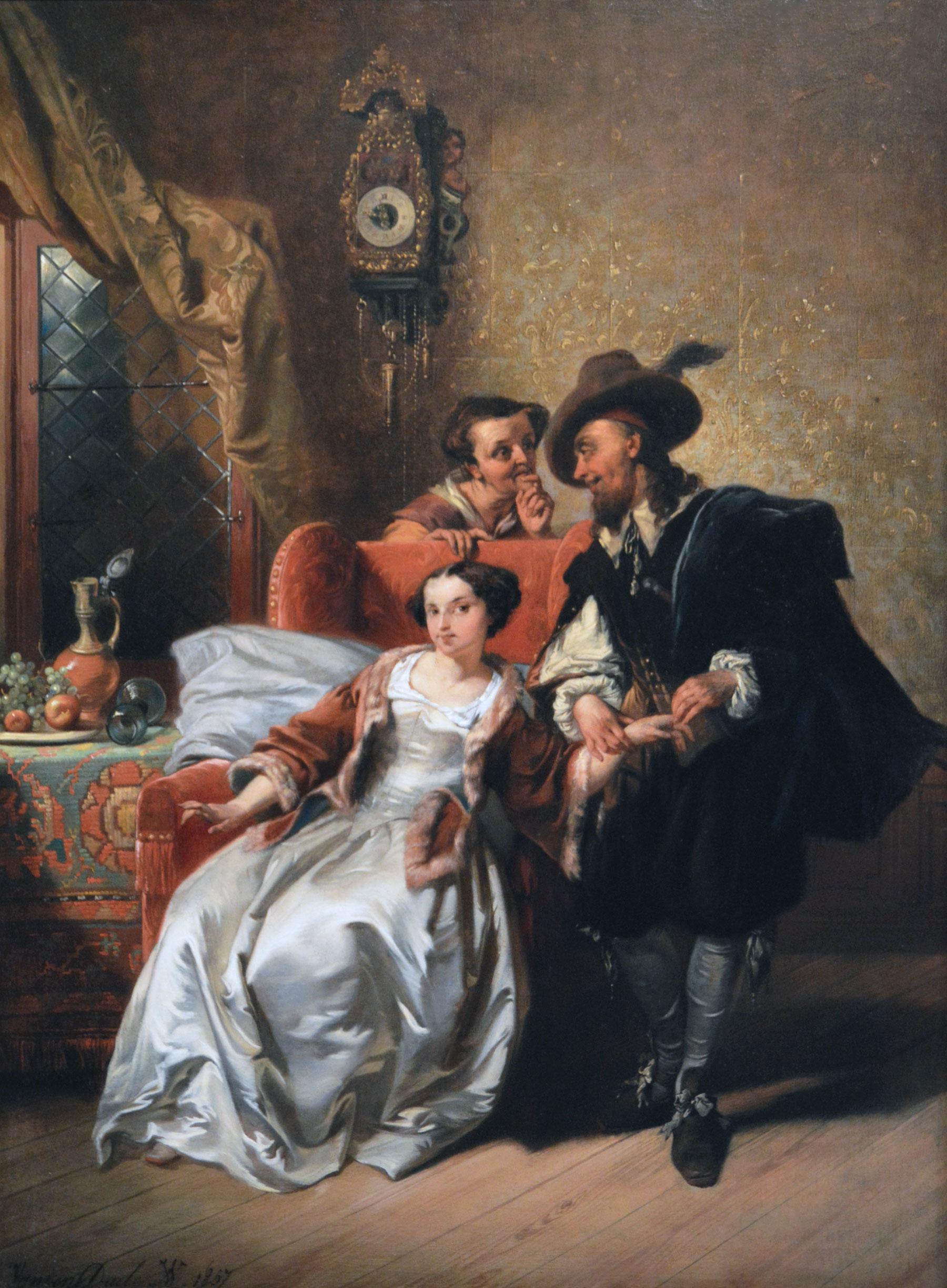 19th Century historical genre oil painting of a lady & her physician - Painting by Casimir van den Daele