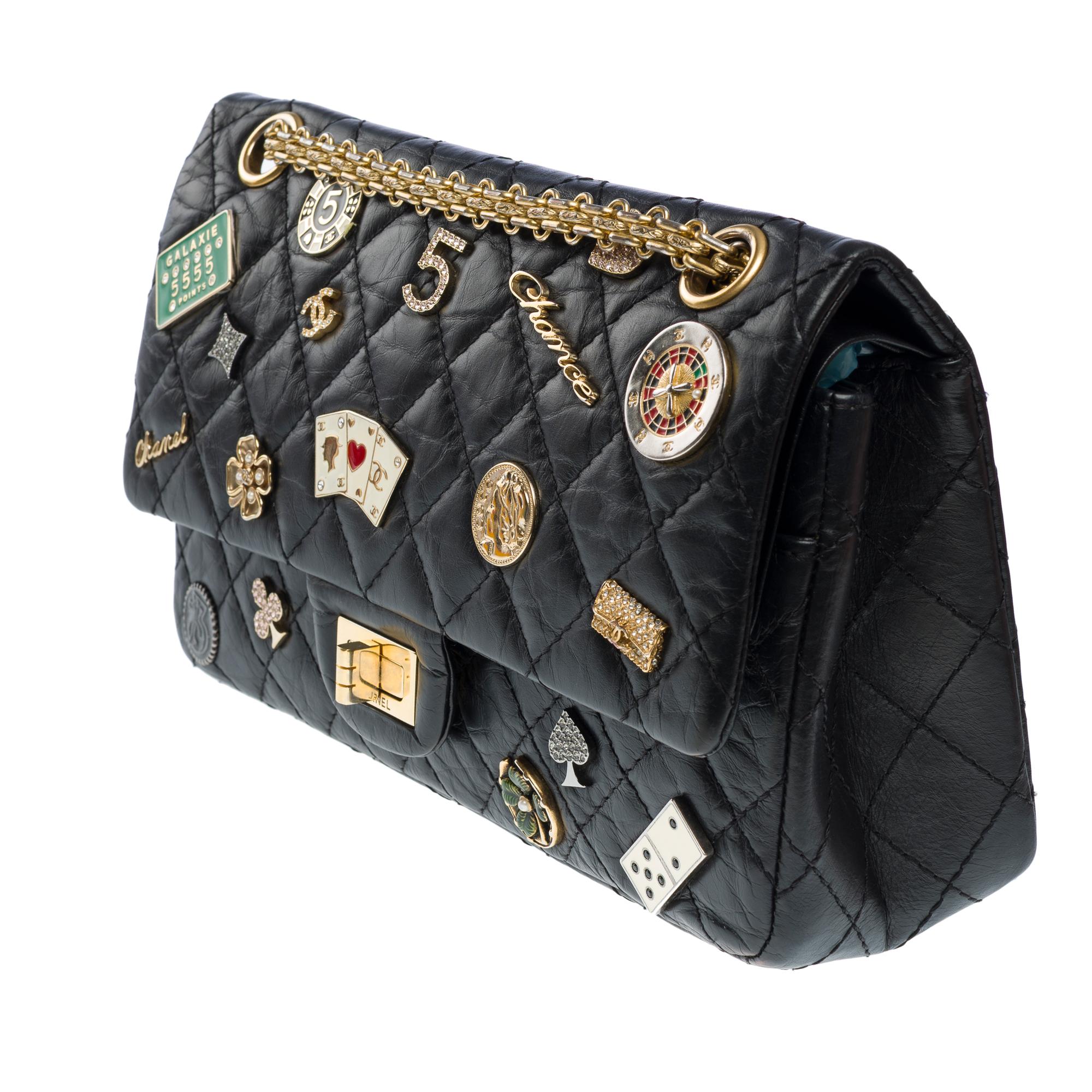 Casino Charms 2.55 Bolso Chanel con doble solapa en piel negra, AGHW en Bueno estado para la venta en Paris, IDF
