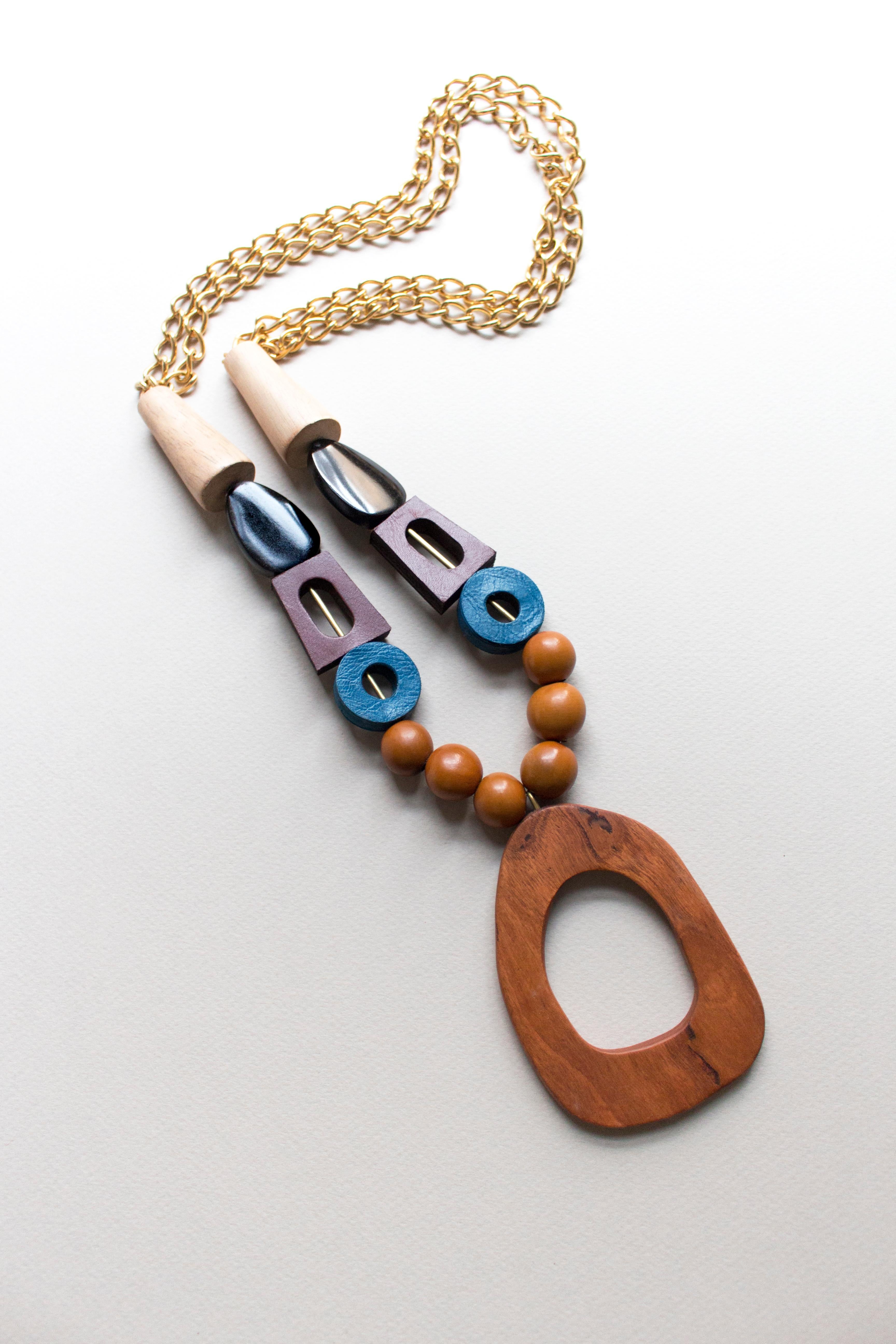 Modern Casino Wood and Leather Necklace For Sale