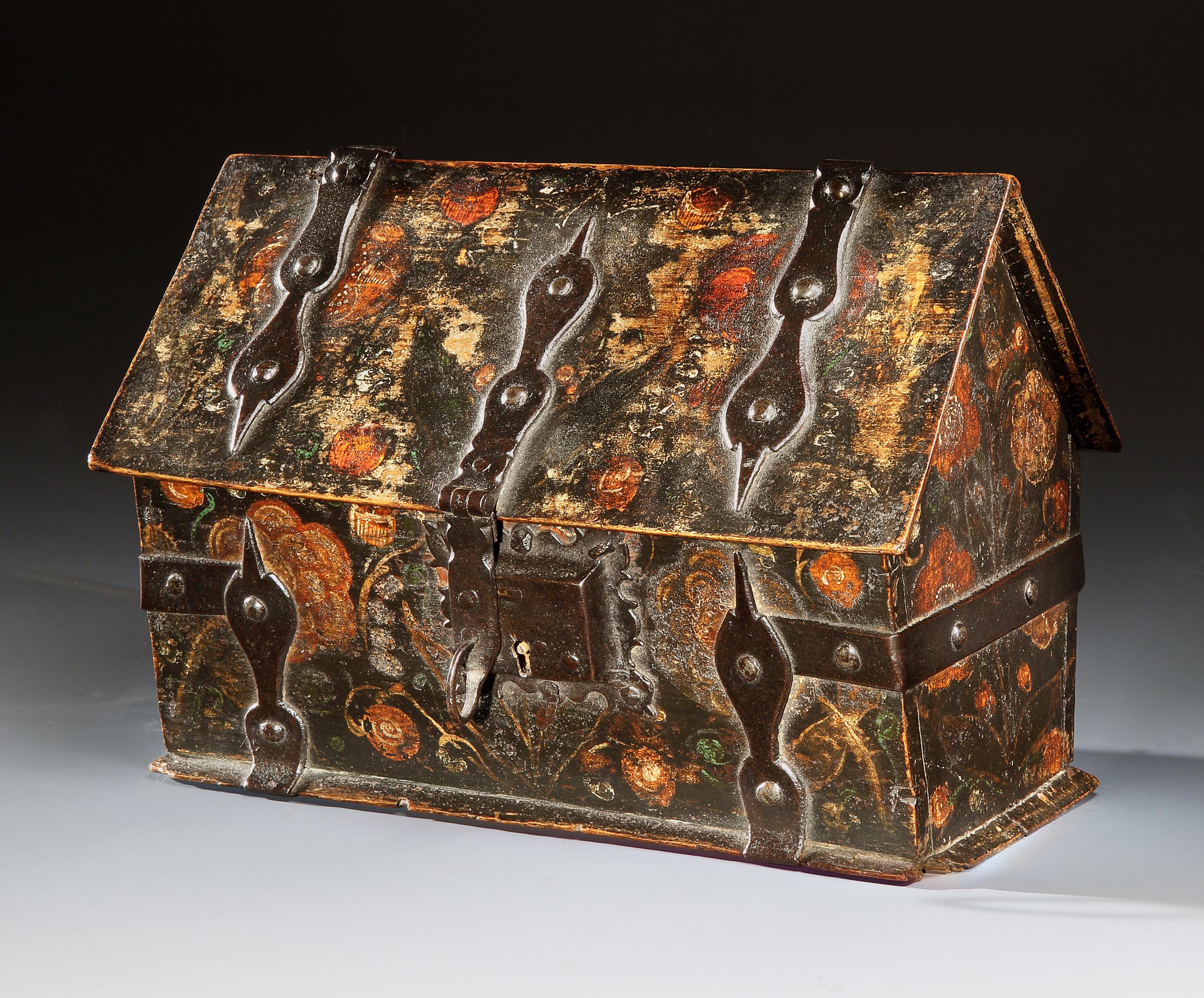 This charming and unusual casket injects a romantic atmosphere into any interior. It has survived in impeccable condition with acceptable wear to the painted surface which signifies its age and use. It is a conversation piece, a piece of acting
