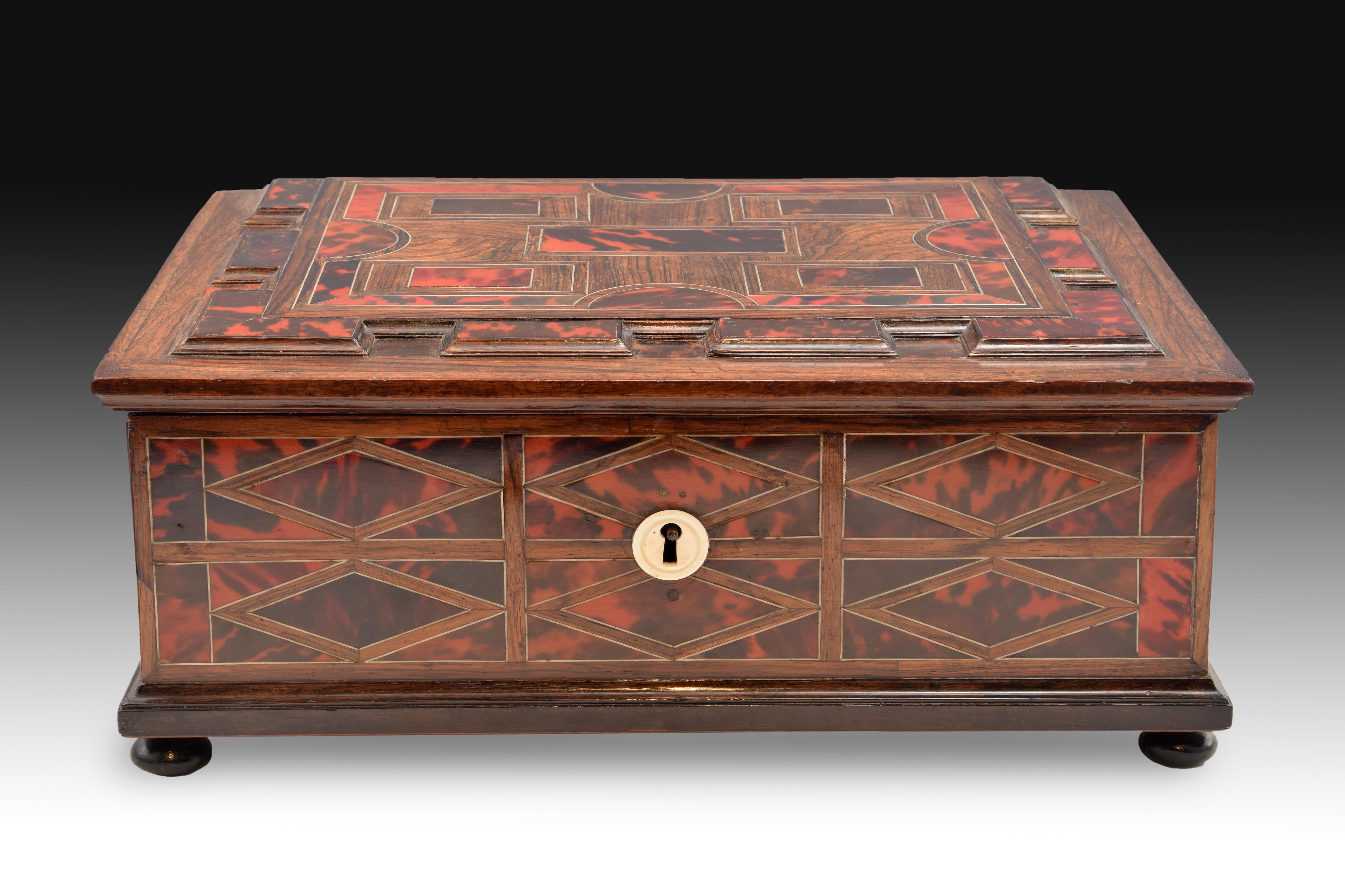 Rectangular casket with a flat lid that stands on small disc-shaped legs and has a simple lock shield on the front (key lock). The exterior is decorated with a combination of wood and tortoiseshell plates drawing simple geometric compositions,