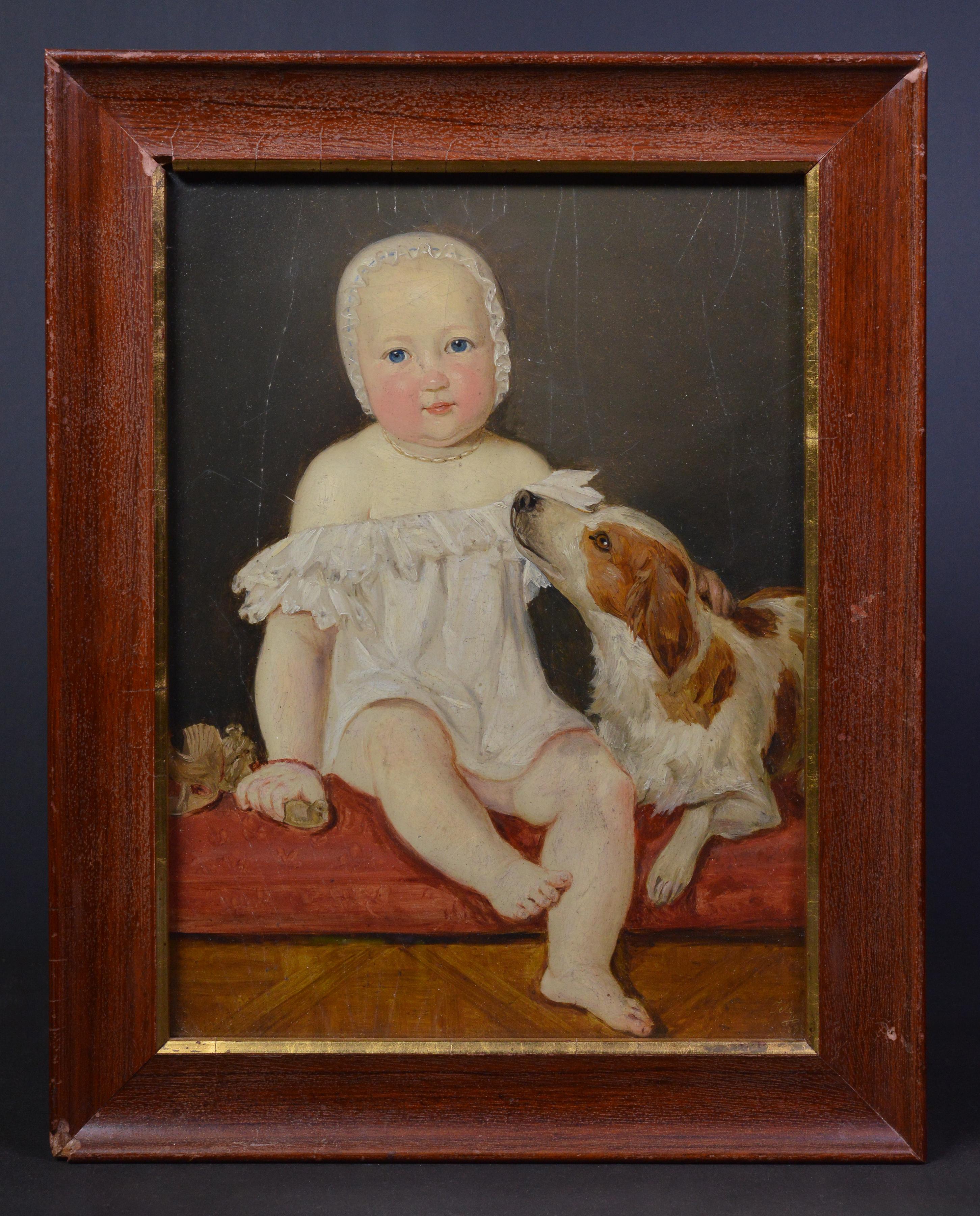 1838 Austrian Little Child with Dog Portrait C Jele Antique Oil Painting Encadré - Marron Portrait Painting par Caspar Jele