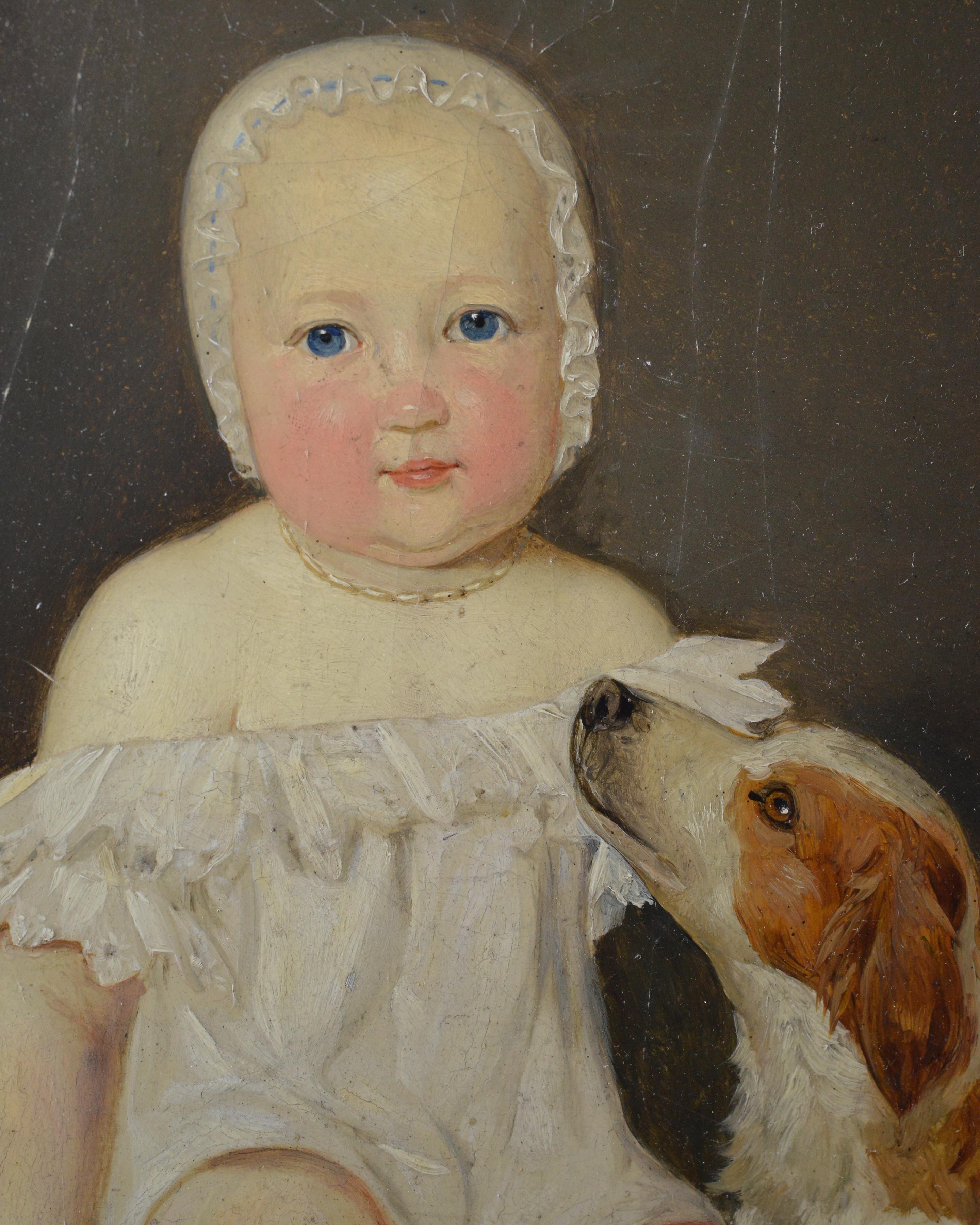 1838 Austrian Little Child with Dog Portrait C Jele Antique Oil Painting Encadré en vente 1