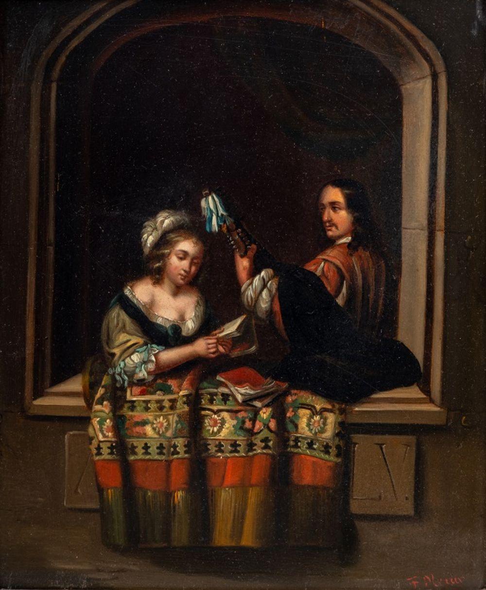 Lautenspieler und lesende Frau – Painting von Caspar Netscher
