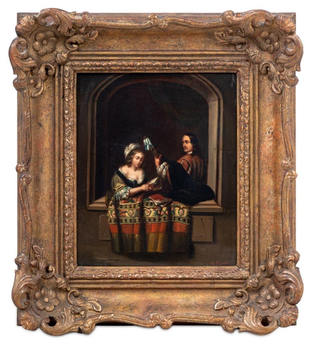 Caspar Netscher Figurative Painting – Lautenspieler und lesende Frau