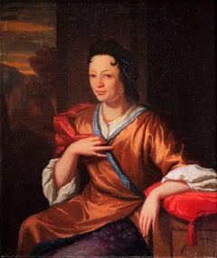 Portrait of a Noble Woman at Sunset, Original Antique Oil on Canvas