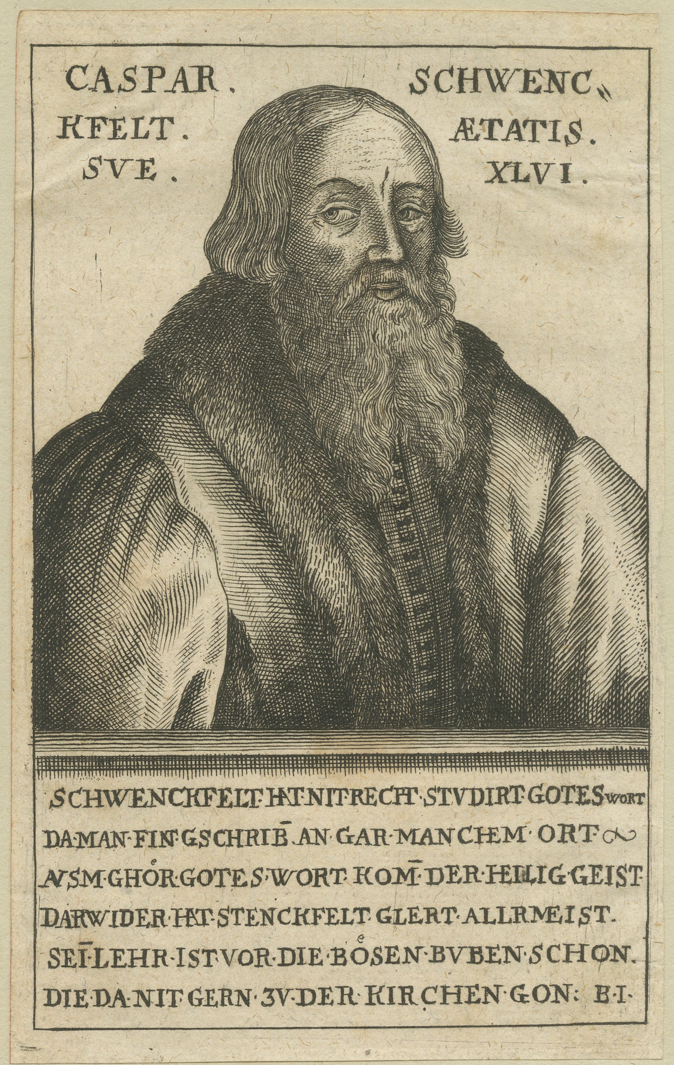 Caspar Schwenckfeld Portrait – 16thC Reformation Print, Polemical Engraving