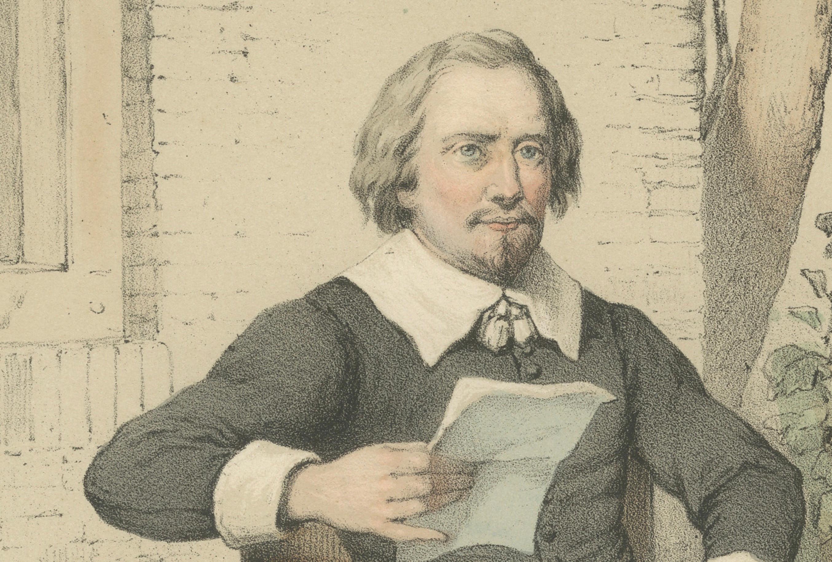 Caspar van Baerle in einer Gartenlandschaft - Handkolorierte Lithographie aus dem 19. (Mittleres 19. Jahrhundert) im Angebot