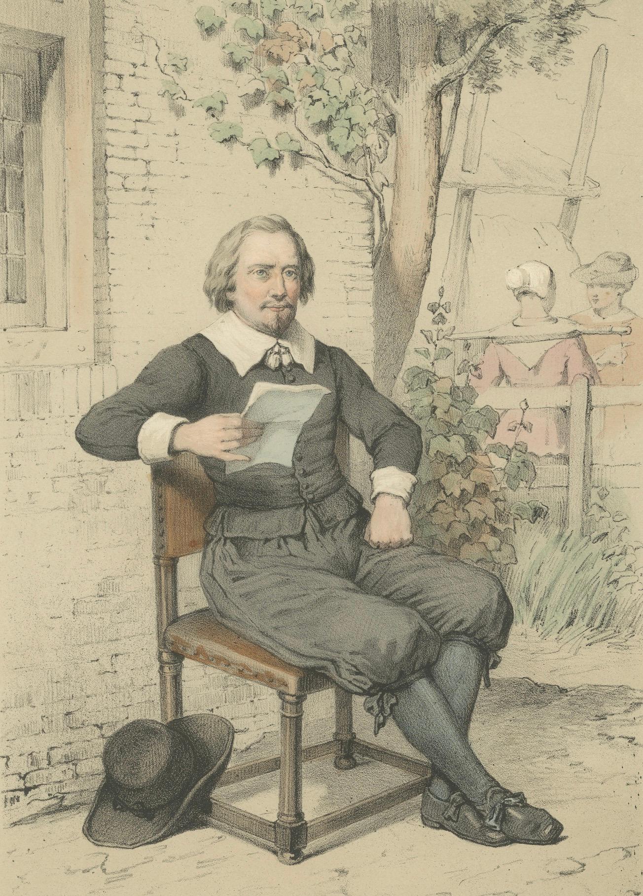 Caspar van Baerle in einer Gartenlandschaft - Handkolorierte Lithographie aus dem 19. (Papier) im Angebot
