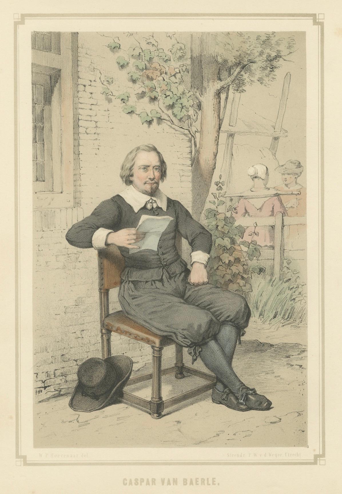 Caspar van Baerle in einer Gartenlandschaft - Handkolorierte Lithographie aus dem 19. im Angebot 1
