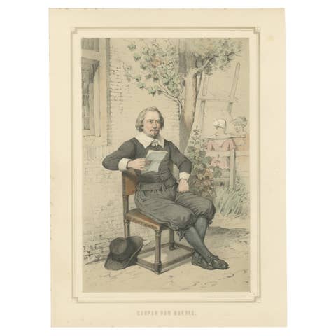 Caspar van Baerle in a Garden Setting – 19th-Century Hand-Colored Lithograph