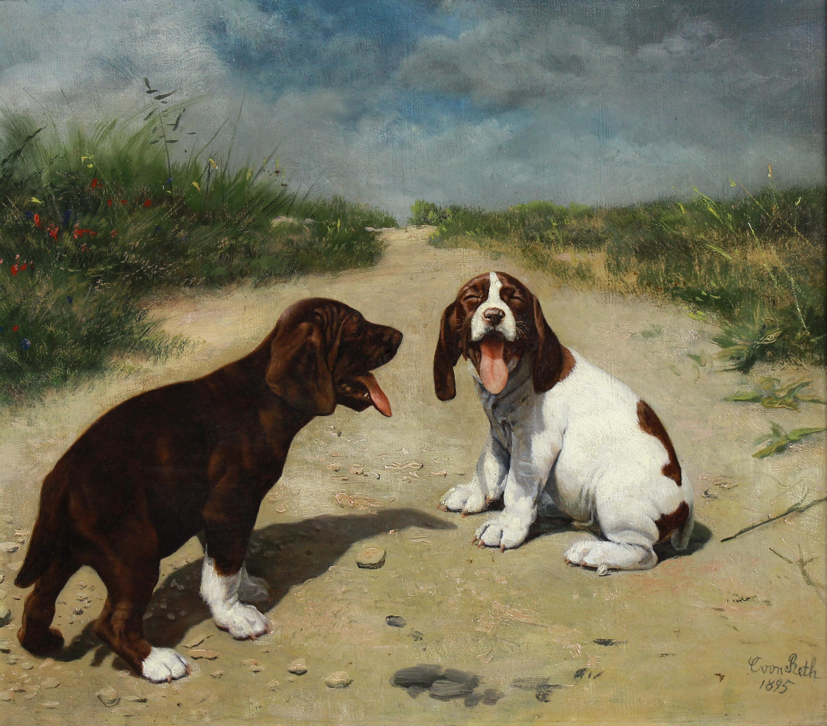 Hunting Dog cubs , oil painting on canvas by Caspar Von Reth 19th c. - Painting by Caspar von Reth