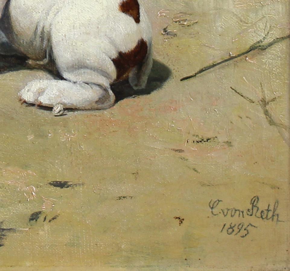 Hunting Dog cubs , oil painting on canvas by Caspar Von Reth 19th c. - Gold Animal Painting by Caspar von Reth