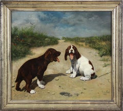 Antique Hunting Dog cubs , oil painting on canvas by Caspar Von Reth 19th c.
