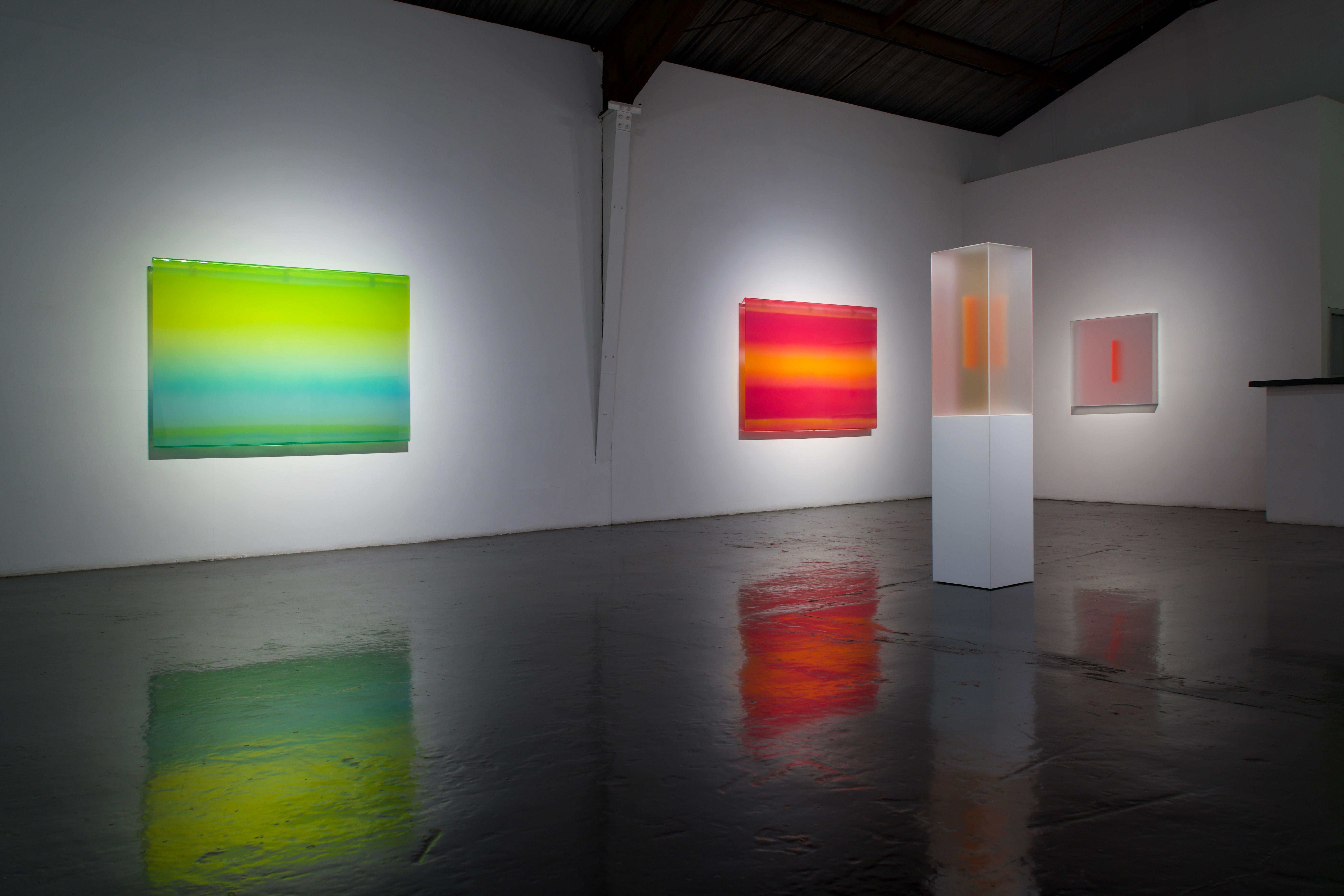 The Veils introduce Brindle’s newest series, where diaphanous washes of color float on elegantly suspended sheets of acrylic. Painted in layers from the back of these sleek, crystalline surfaces, the paintings are bold and captivating. For Brindle,
