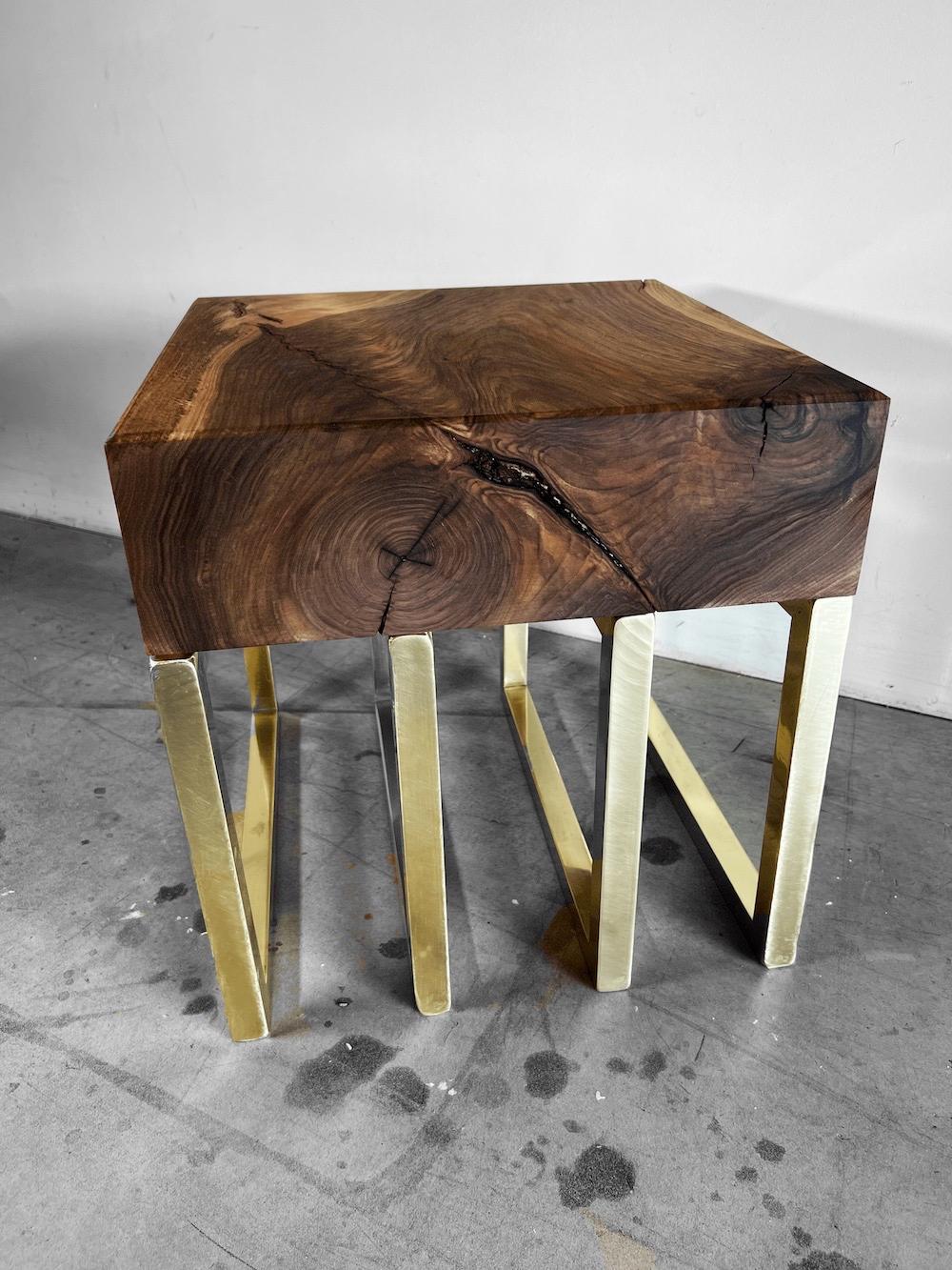 French Casper by Seve Quantum Design 'France', Walnut Wood and Brass Stool For Sale